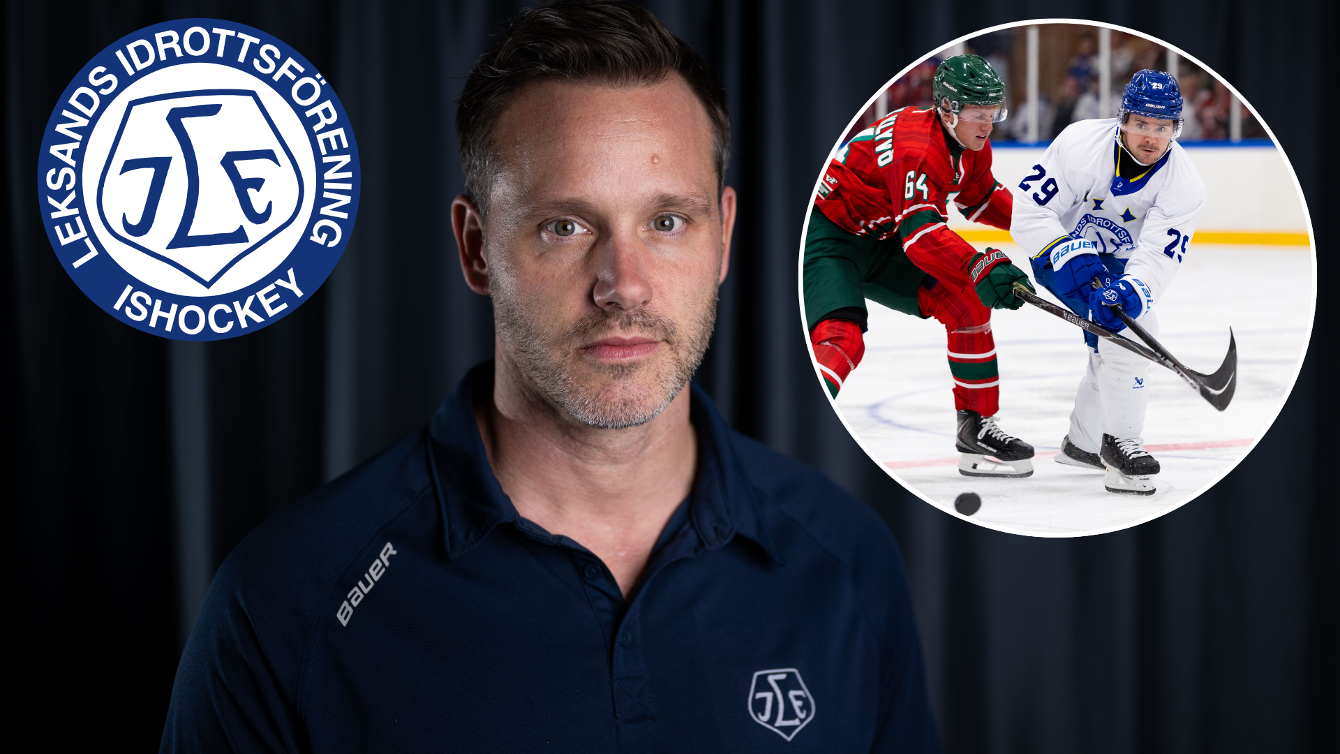En man i Leksands IF-tröja poserar framför en infälld bild med två ishockeyspelare i match.