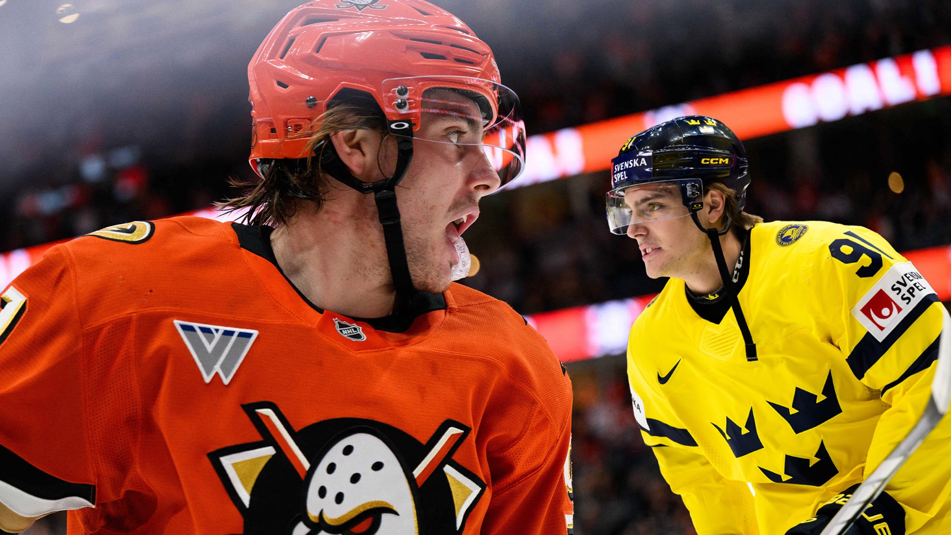 Två ishockeyspelare under en match. En spelare i orange tröja med röd hjälm och en spelare i gul tröja med svart hjälm.
