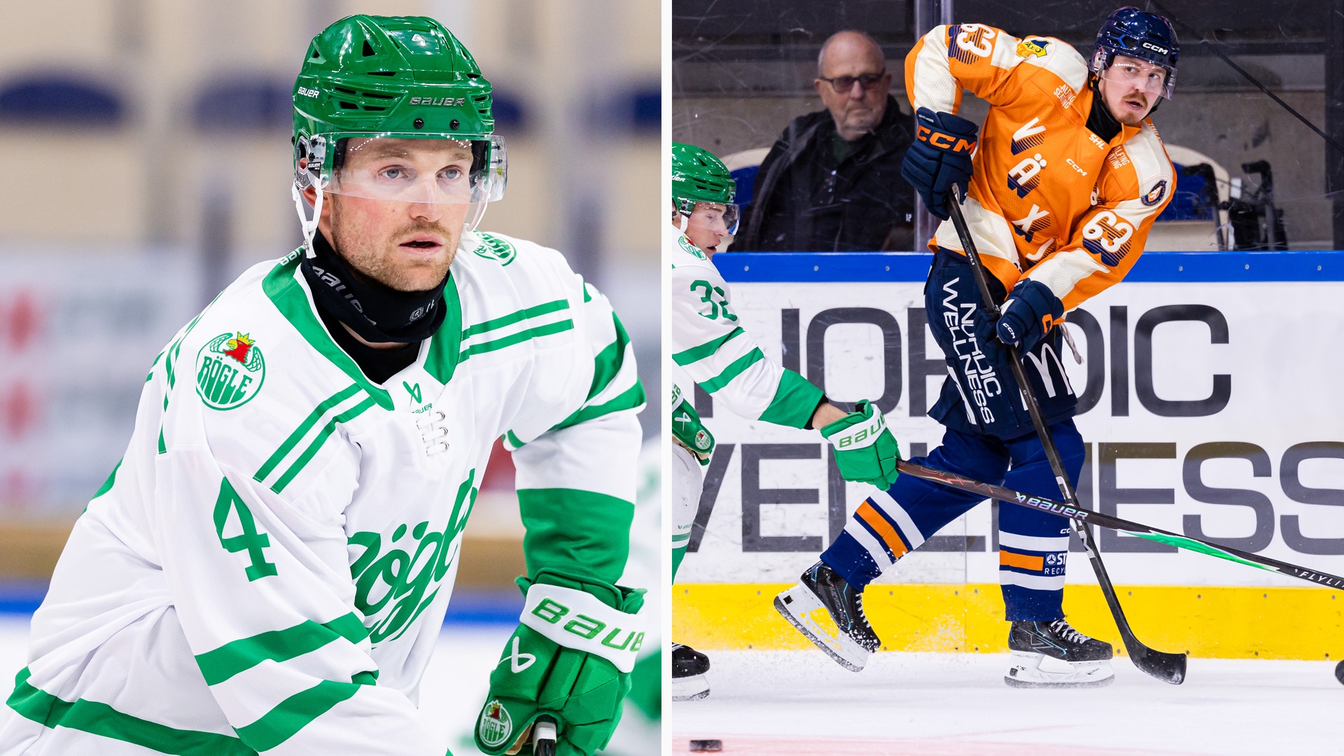 Två ishockeyspelare i aktion under en match. Till vänster en spelare i vit och grön tröja, till höger en spelare i orange och mörkblå tröja som håller i sin hockeyklubba under spel.