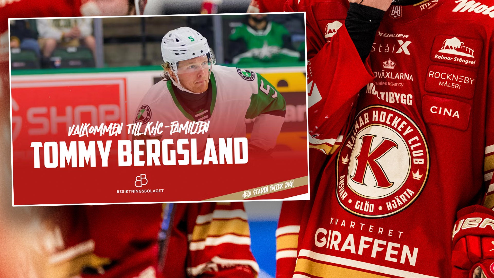 Hockeyspelar i vit hjälm och röd tröja presenteras med texten 'Tommy Bergsland' och 'Välkommen till gig-familjen'. Kalmar HC:s märke och sponsorlogotyper syns i bakgrunden.