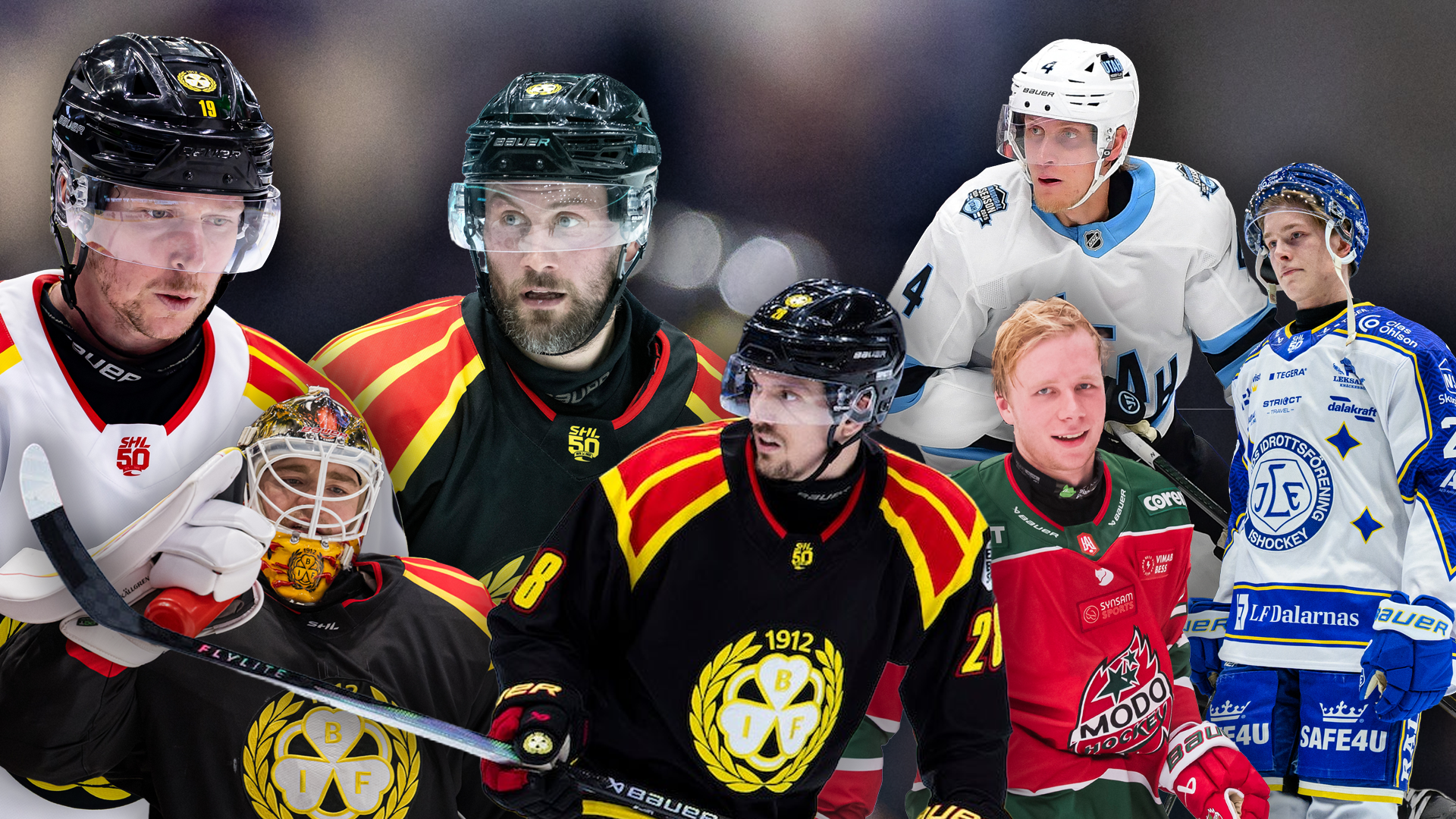 Fem ishockeyspelare från olika lag i sina respektive lagtröjor står tillsammans mot en suddig arenabakgrund. En av spelarna håller en trofékopp.