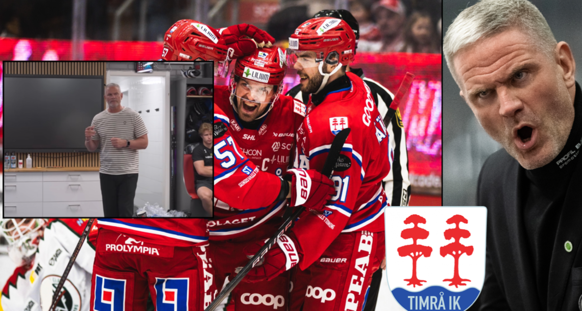Collage med ishockeyspelare i röda trikåer, en tränare och logotyper från svenska ishockeylag.