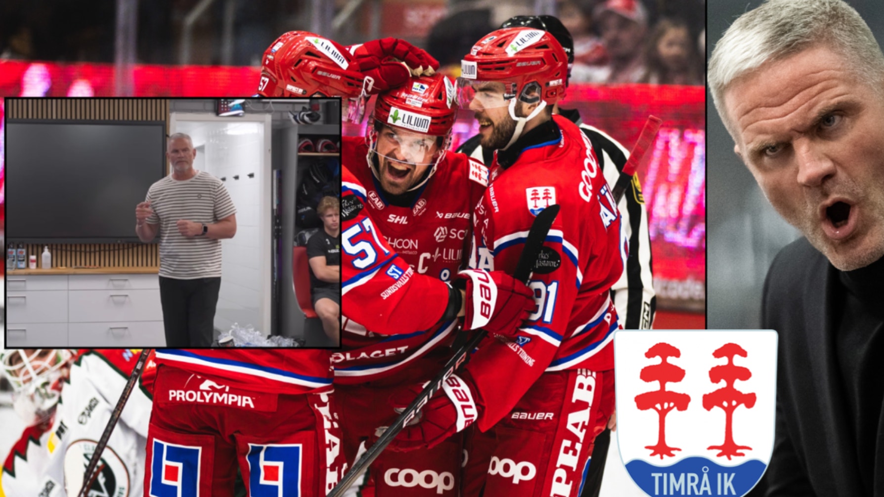 Collage med ishockeyspelare i röda trikåer, en tränare och logotyper från svenska ishockeylag.