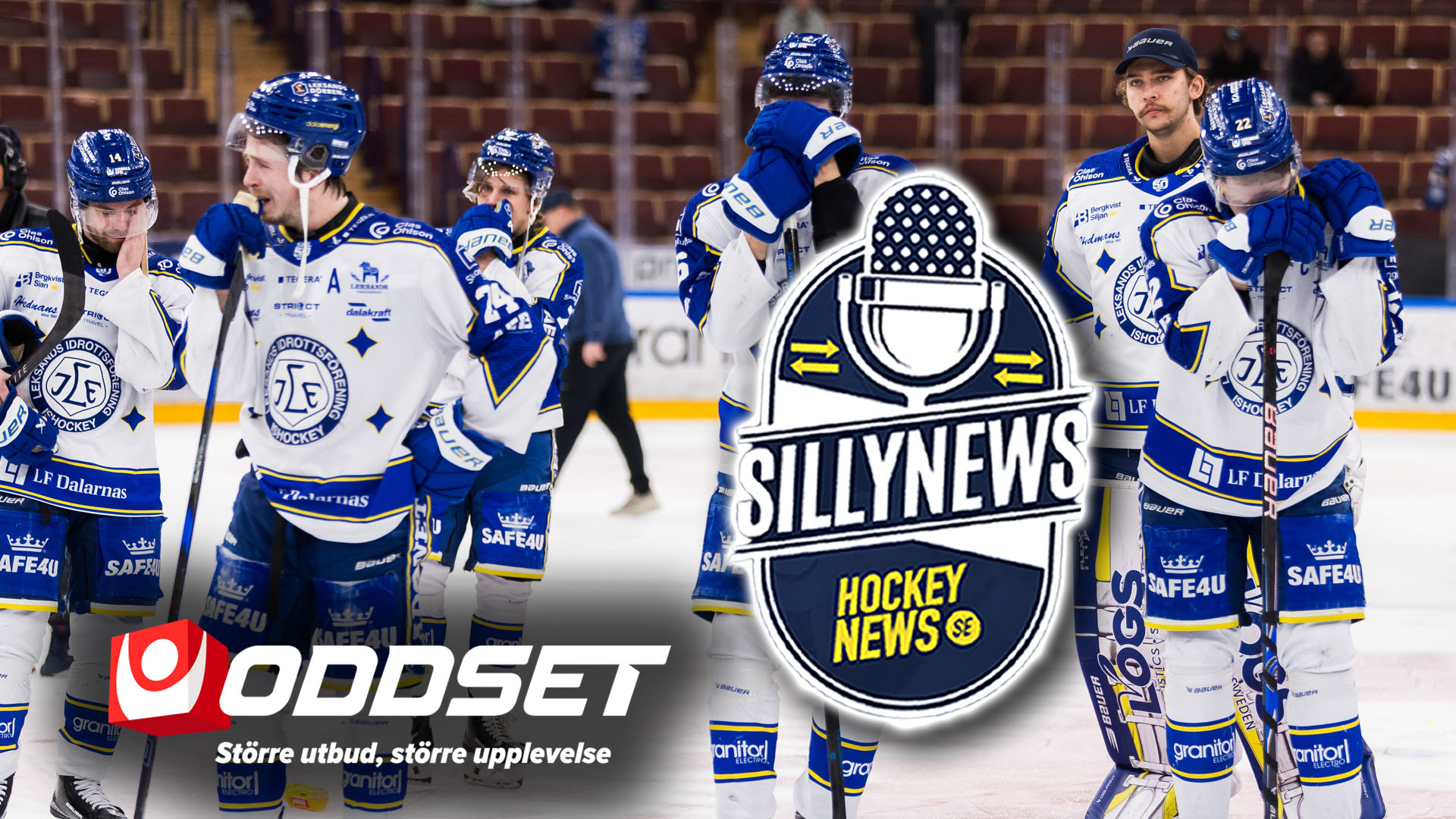 Ishockeyspelare i blå och vita tröjor står tillsammans på isen under en match.