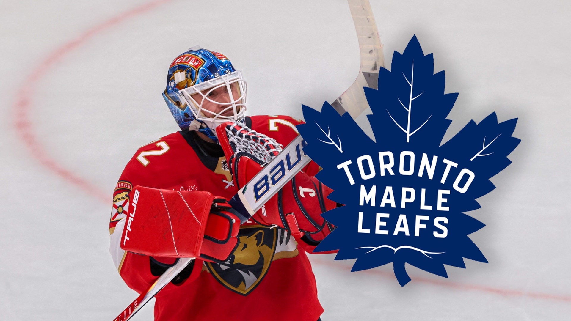 Ishockeyspelare i röd Toronto Maple Leafs-uniform och målvaktsutrusting på isen, med lagets blå lönnlövslogo i bakgrunden.