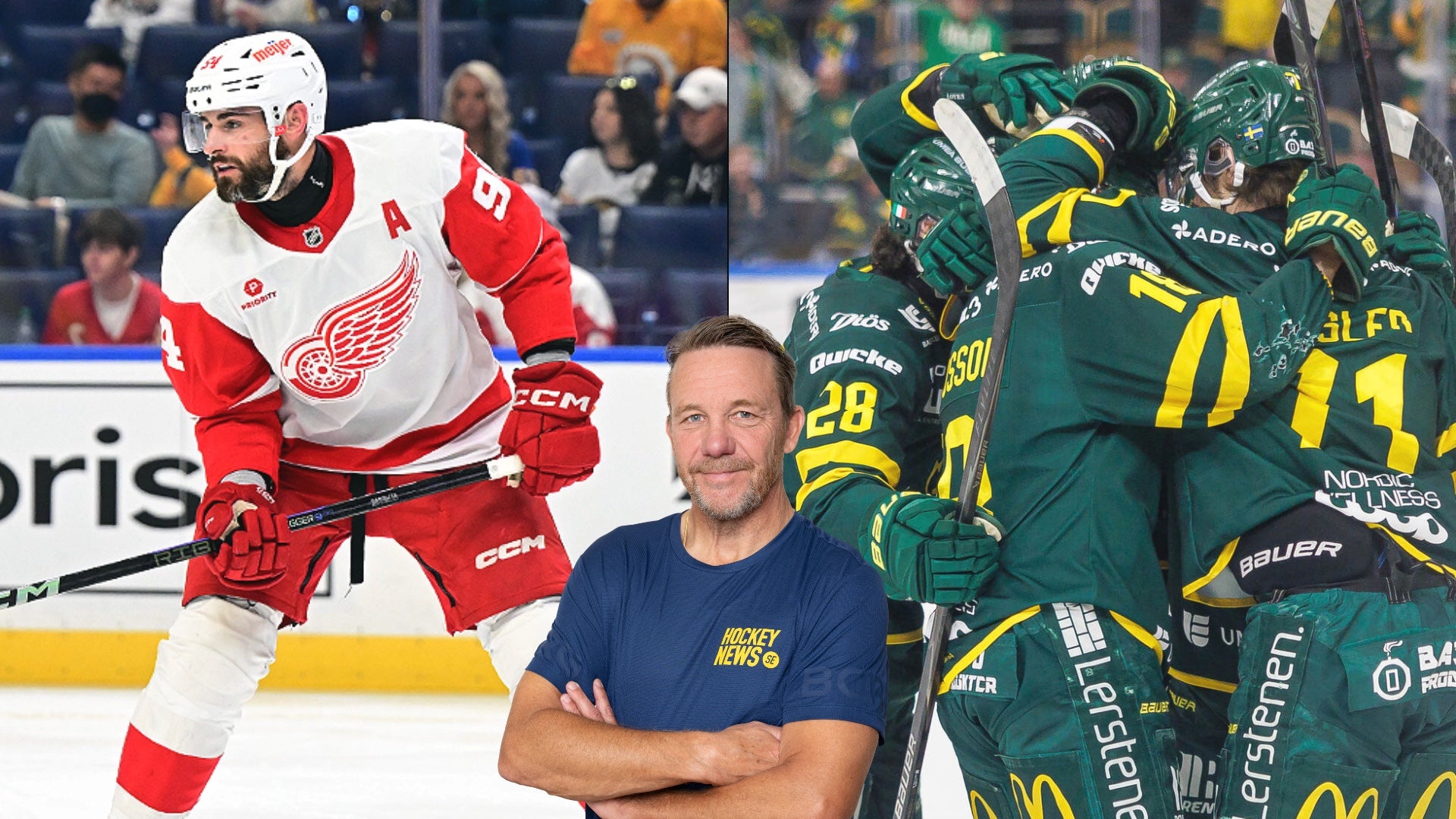 Sammansatt bild av ishockeyspelare och en man i tröja. Till vänster en spelare i röd och vit uniform, till höger en man framför ett lag i gröna och gula tröjor.