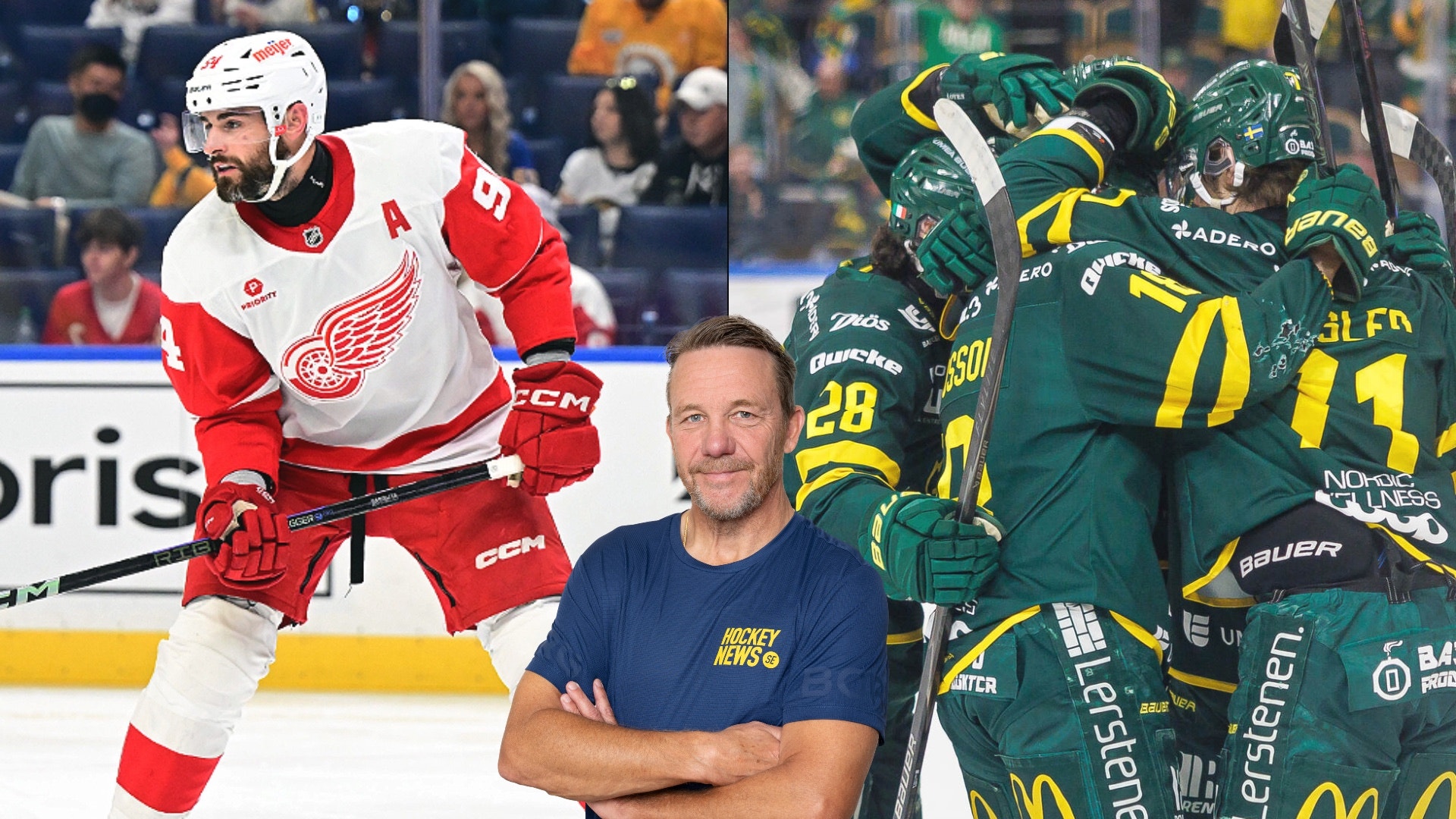 Sammansatt bild av ishockeyspelare och en man i tröja. Till vänster en spelare i röd och vit uniform, till höger en man framför ett lag i gröna och gula tröjor.