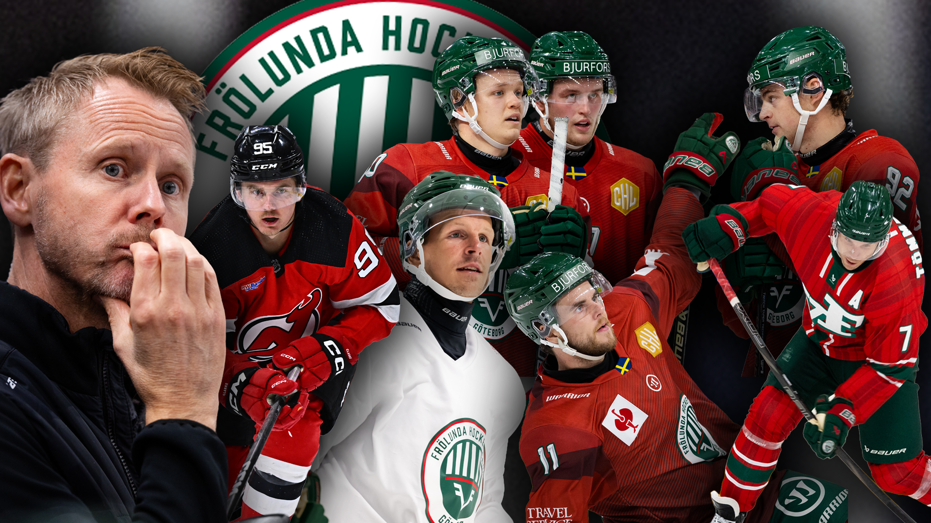 Collage över Örlunda Hockeys lag och ledning. En man i mörk tröja ses på vänster sida, omgiven av flera hockeyspelare i röda och gröna lagdräkter med hjälmar. Örlunda Hockeys logga syns i bakgrunden.