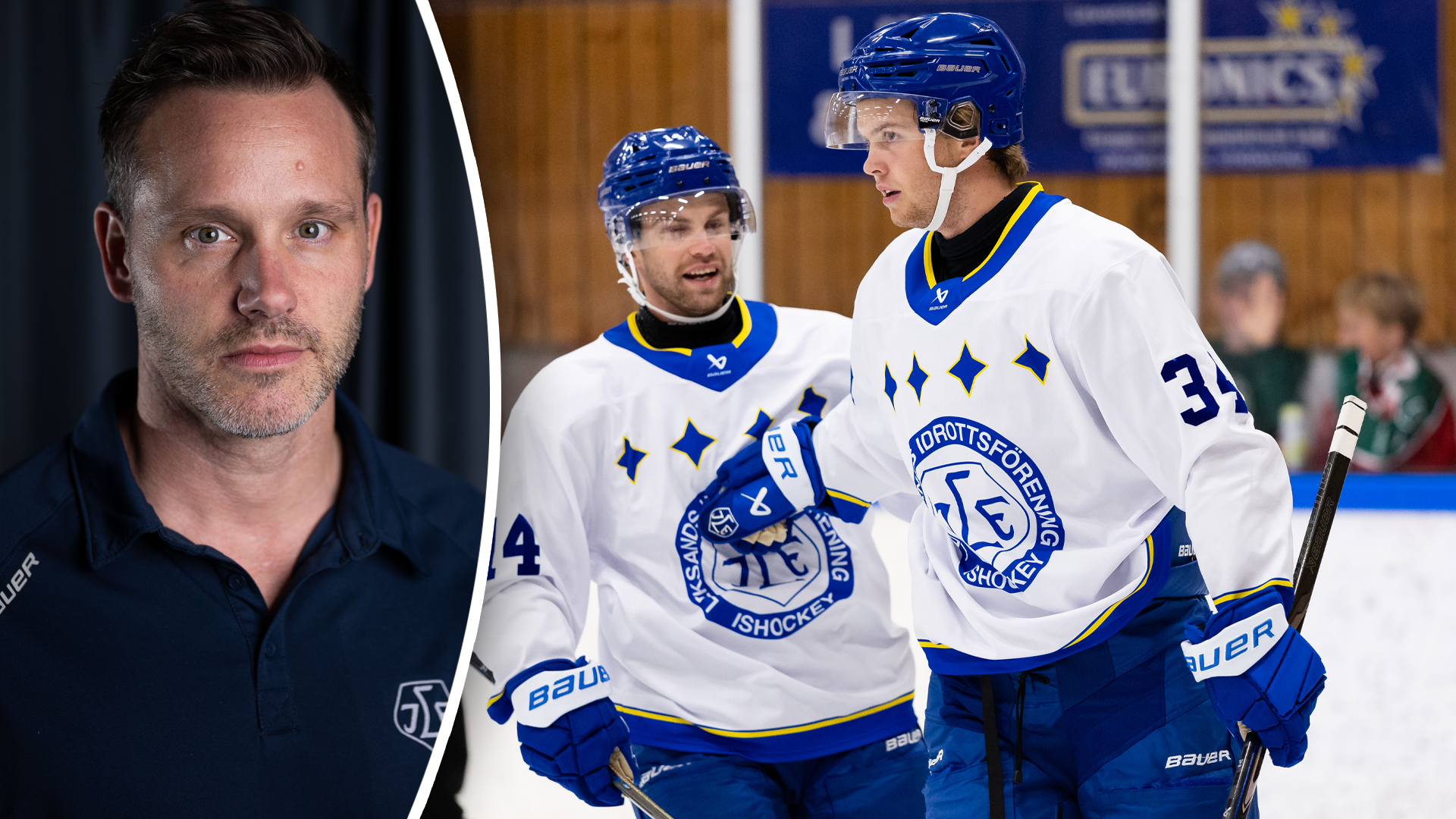 Bildkollage med en man i polotröja till vänster och två ishockeyspelare i vita matchtröjor på isen till höger.