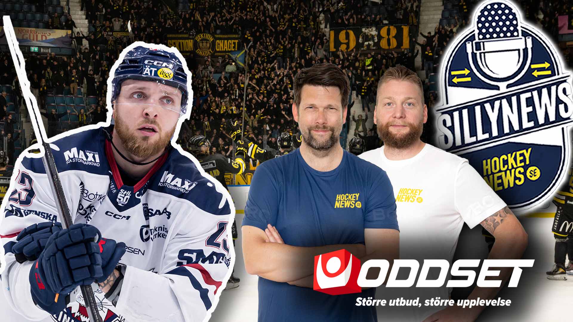 En hockeyspelar i vit tröja tillsammans med två män i casual kläder. Silly News och Oddset-logotyper är synliga i bakgrunden med en ishall och publik.