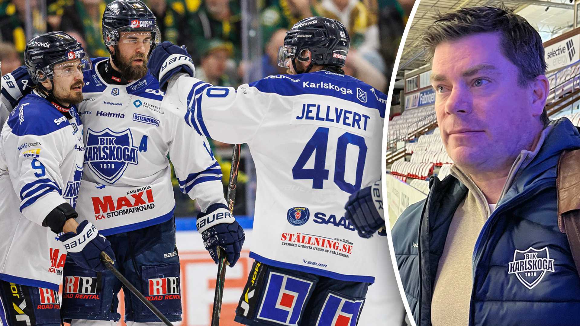 Ishockeyscen från en match där spelare i blåvita trikåer firar tillsammans på isen, samt porträtt av en man i blå väst med lagets logga.