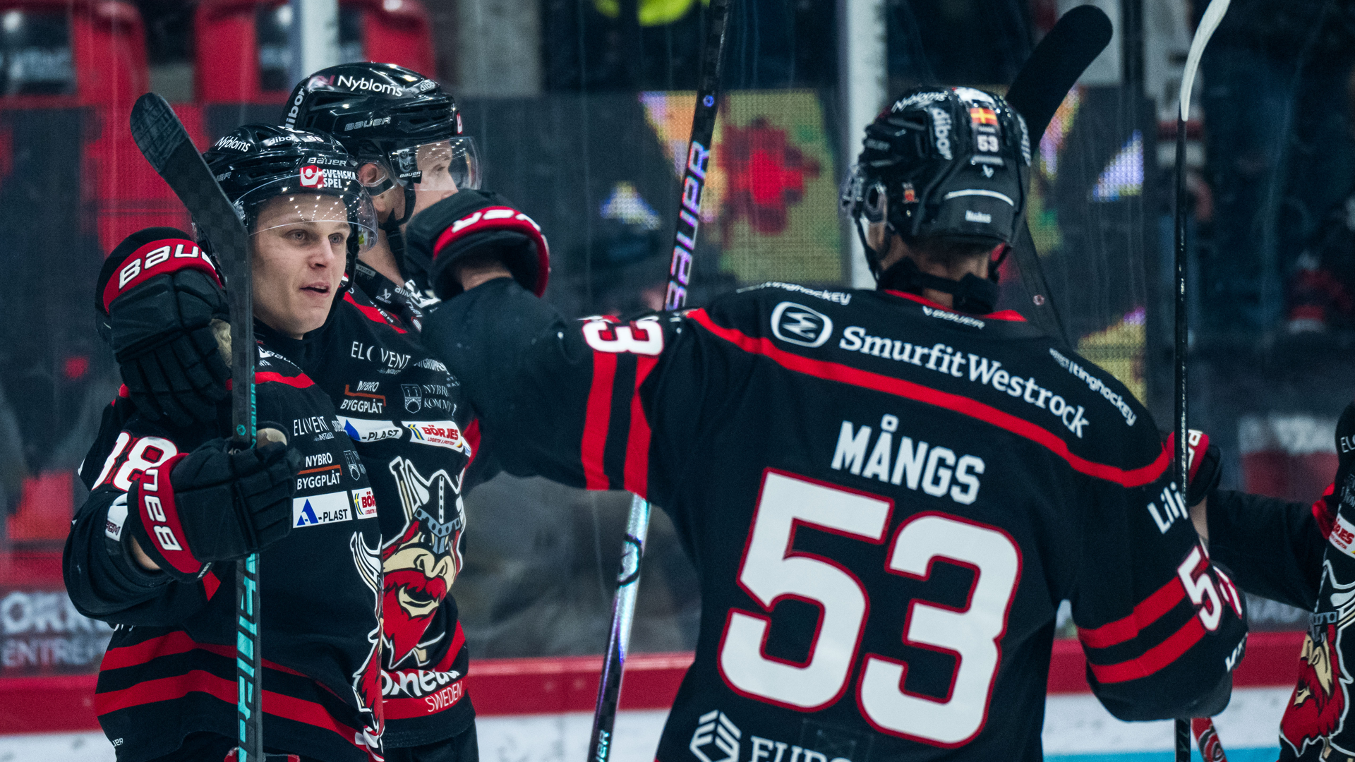 Ishockeyspelare i svart och röd utrustning firar tillsammans på isen under en match.
