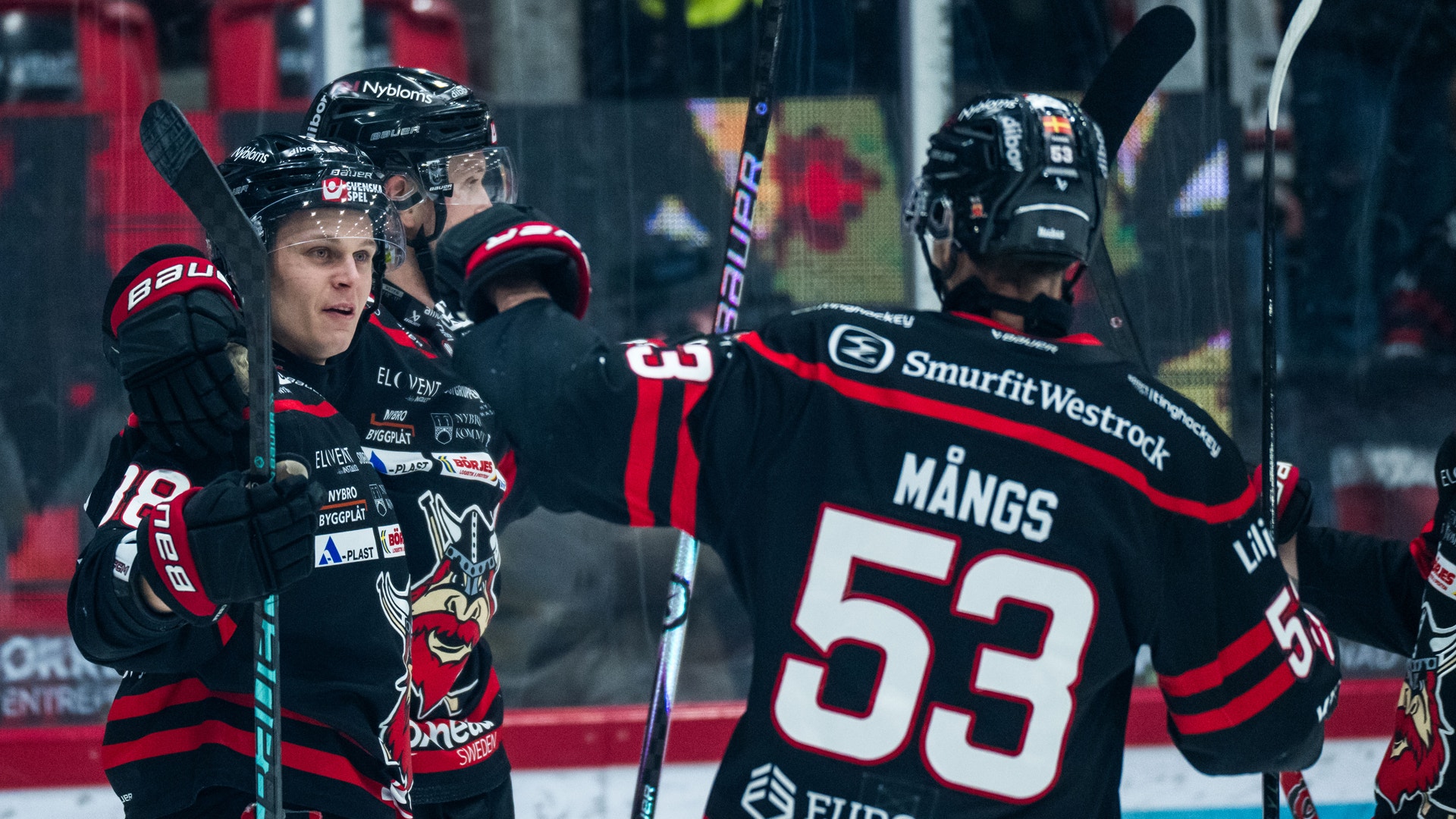 Ishockeyspelare i svart och röd utrustning firar tillsammans på isen under en match.
