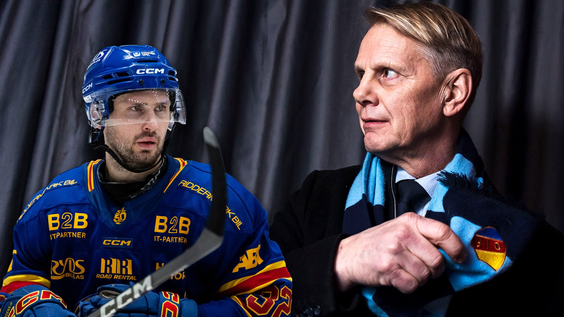 Ishockeyspelare i blå matchdräkt tillsammans med en man i mörkblå jacka.