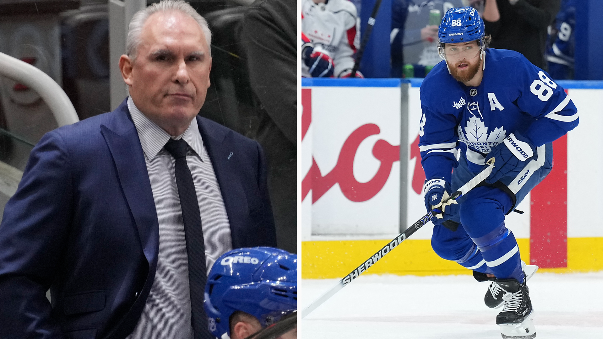 Sammansatt bild med en man i kostym på vänster sida och en ishockeyspelare i Toronto Maple Leafs blå tröja på höger sida under en match.