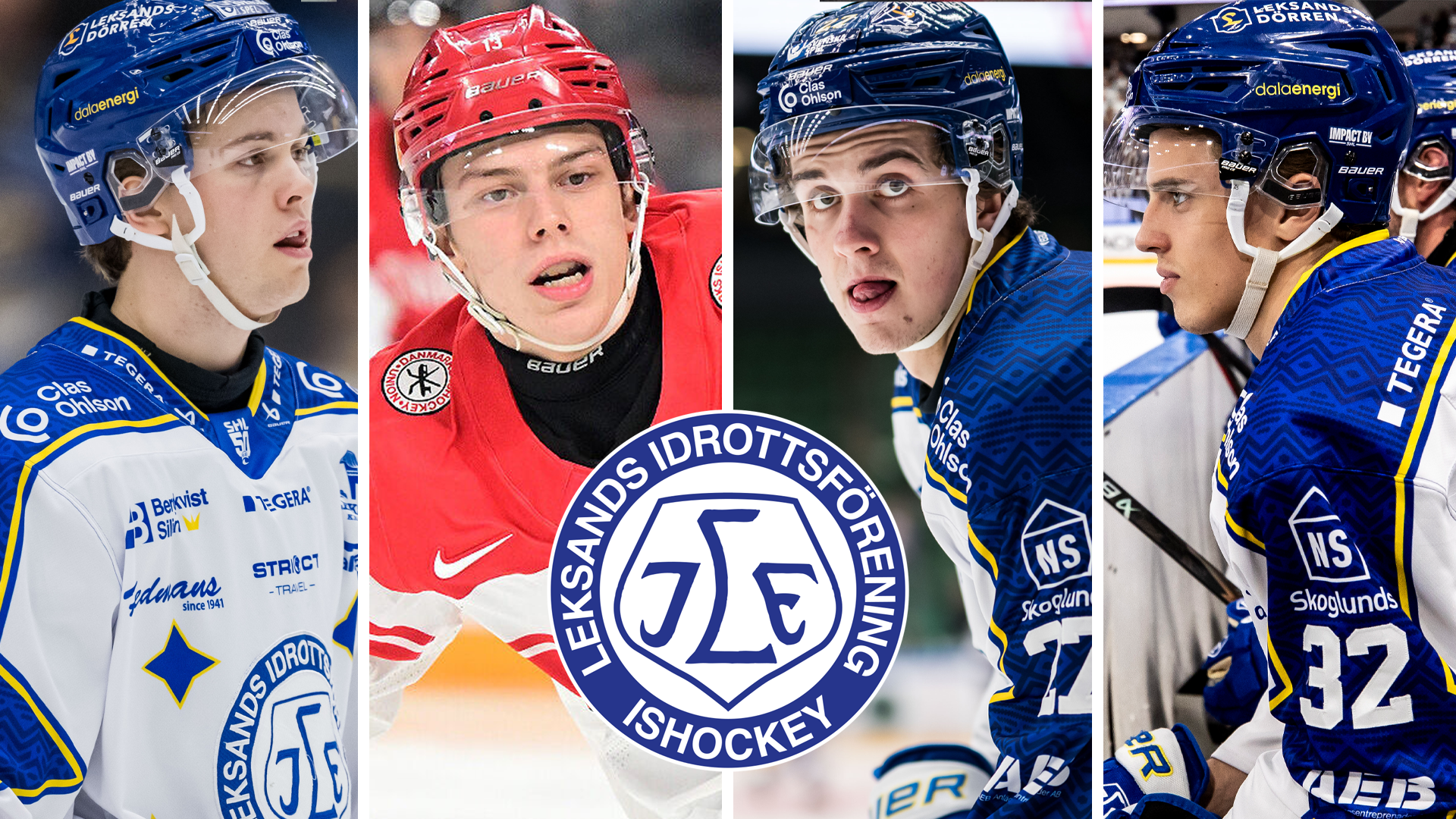 Fyra ishockeyspelare i trikåer - två i blå och vita uniformer och en i röd uniform. Spelarna bär ishockeyhelmeter. I mitten av bilden syns logotypen för ett ishockeylag.