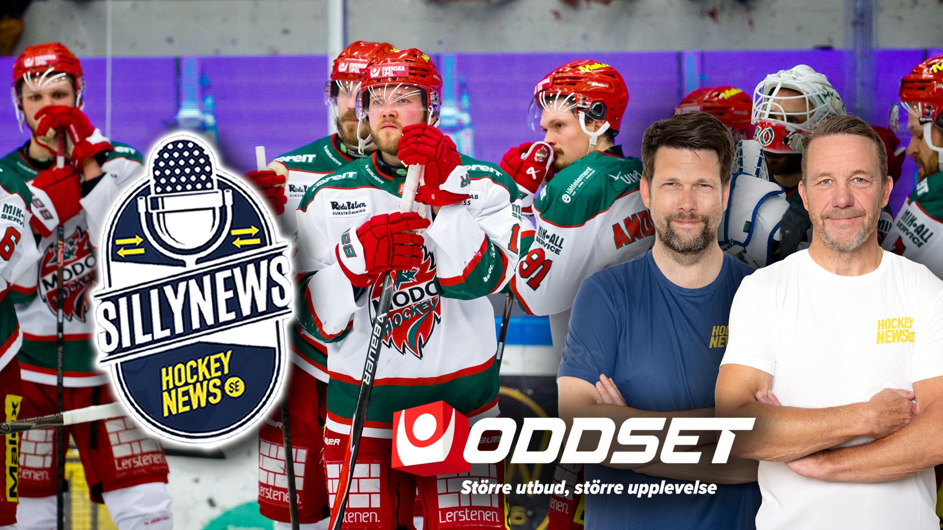 Sammansatt bild med ishockeyspelare på isen, loggor för SillyNews Hockey News och Oddset, samt två män som poserar framför. Ishockeyspelare i vita, röda och gröna tröjor samlade tillsammans på isen under en match.