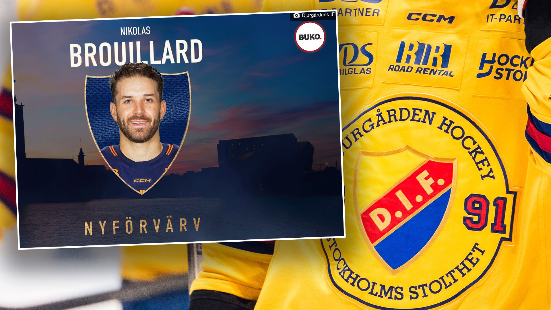 Porträttbild av ishockeyspelaren Nikolas Brouillard från Nyförvärv tillsammans med en gul ishockeytröja med DIK Djurgårdens logga.