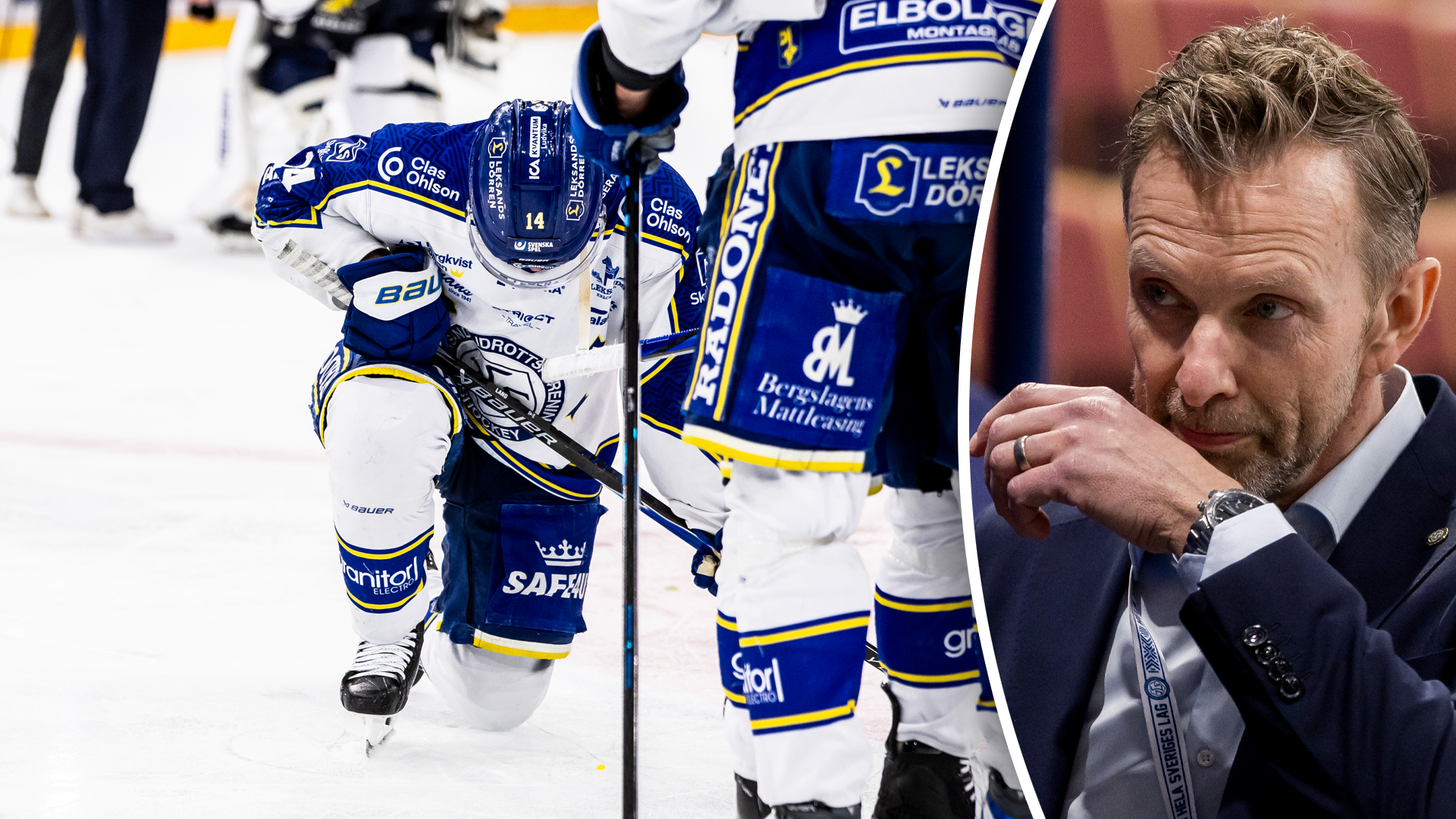 Ishockeymatch med spelare i blå och vit uniform på isen, samt porträtt av en man i mörk kostym.