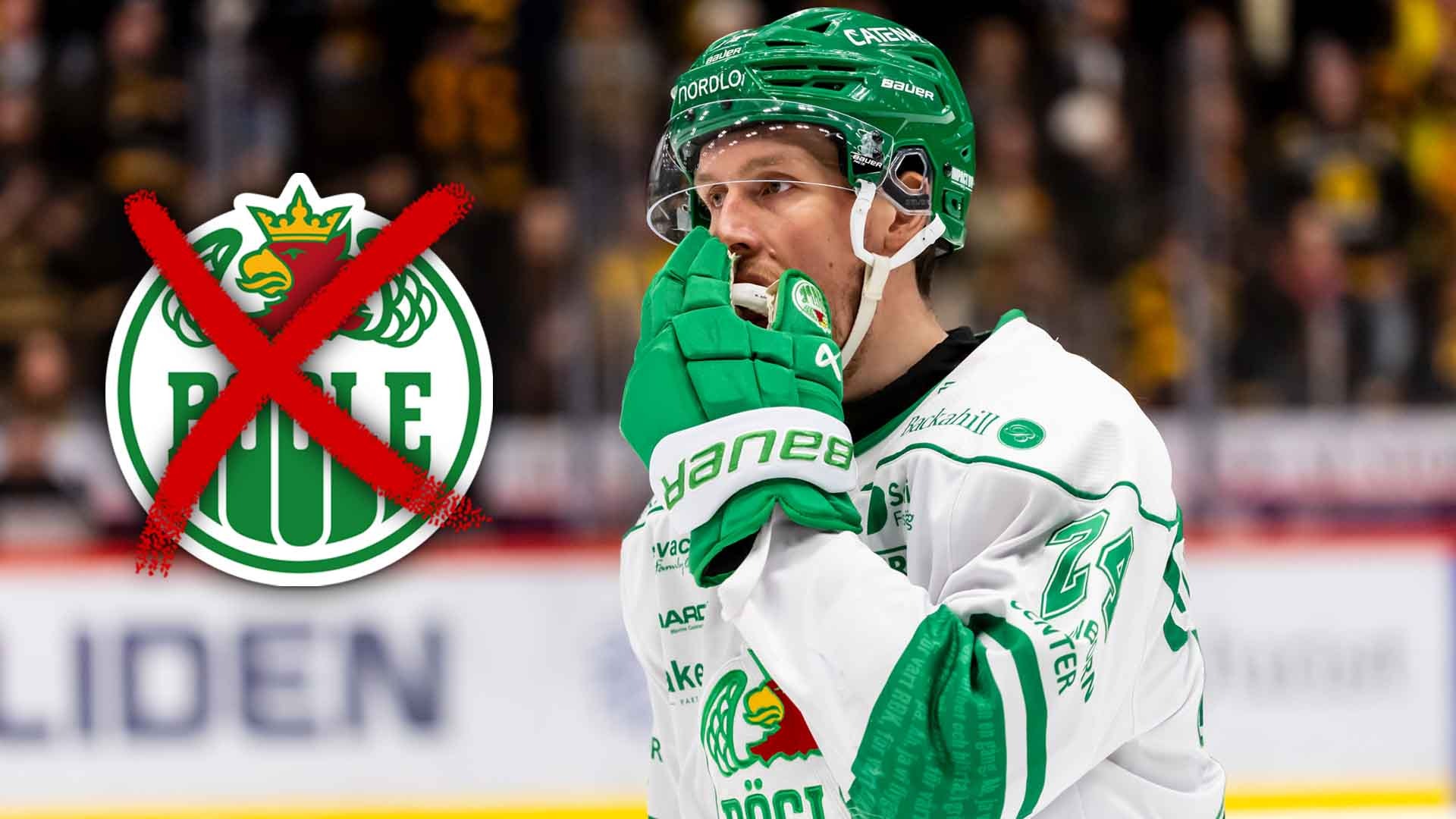 Ishockeyspelare i grön och vit tröja under en match. Spelaren bär grön hjälm och är fotograferad från sidan med publik i suddig bakgrund.