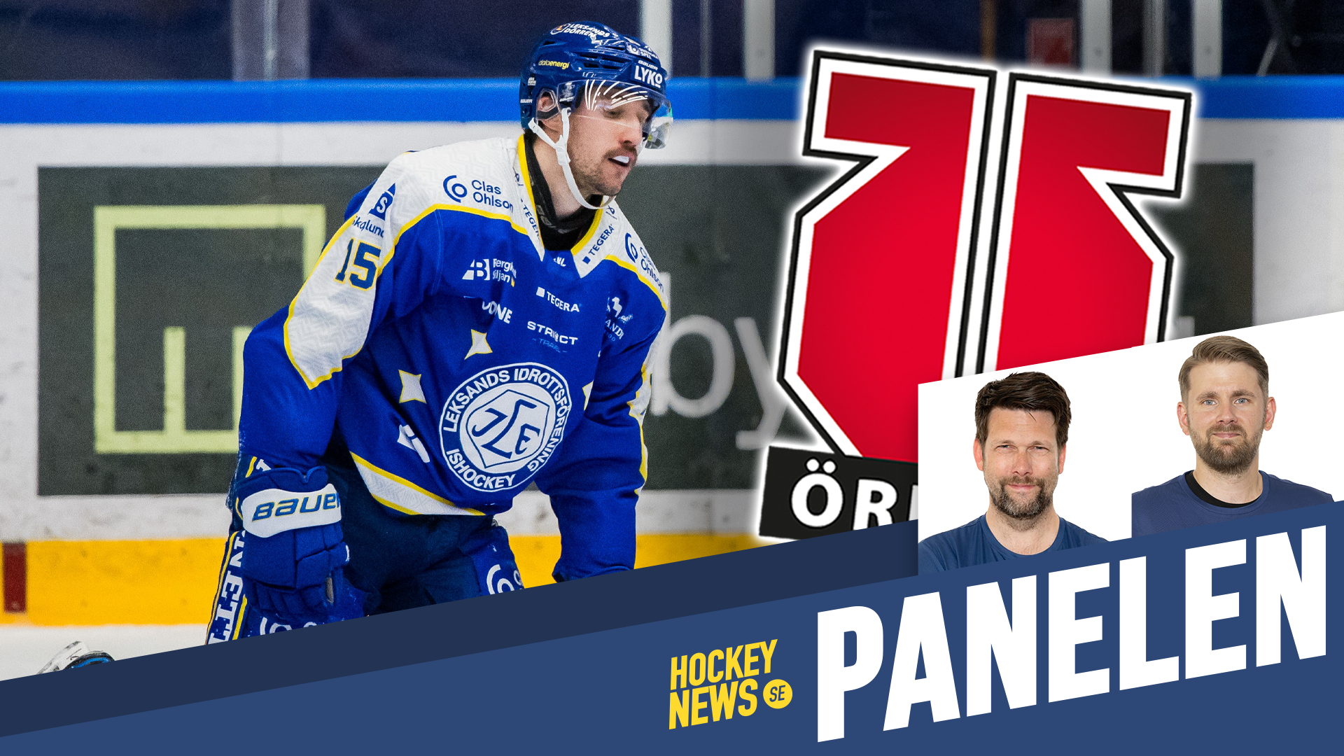 Hockeybild med en spelare i blå tröja på isen tillsammans med två porträttbilder av män och texten PANELEN från Hockey News.