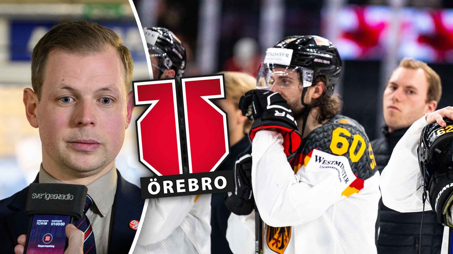 Sammansättning med porträttbild av man i mörkblå jacka till vänster, Örebro HK:s logotyp i mitten och ishockeymatch med spelare i svart och vit utrustning till höger.