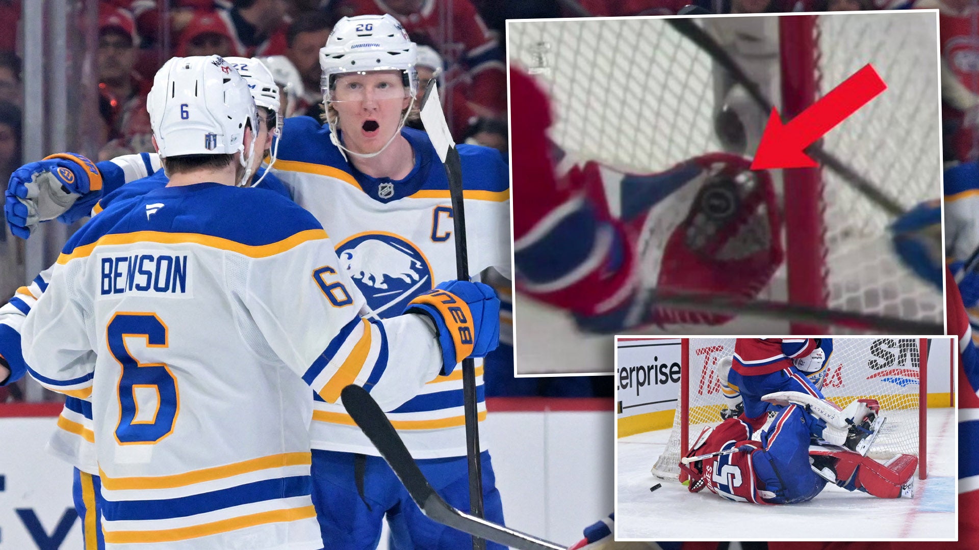 Ishockeyspelare från Buffalo Sabres i vita och blå trikåer under en match. Bilden visar spelare på isen med närbild på målscener och spelareinteraktion.