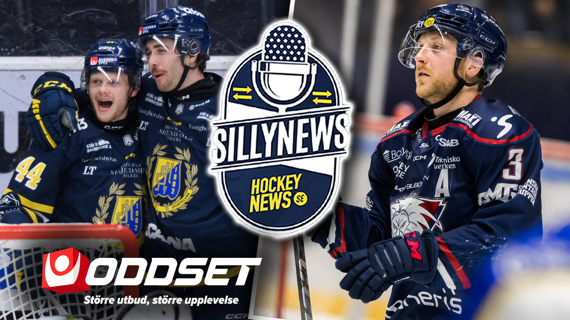 Collage med hockeyspelare i matchtröjor, SillyNews Hockey News-logotyp och Oddset-logotyp.