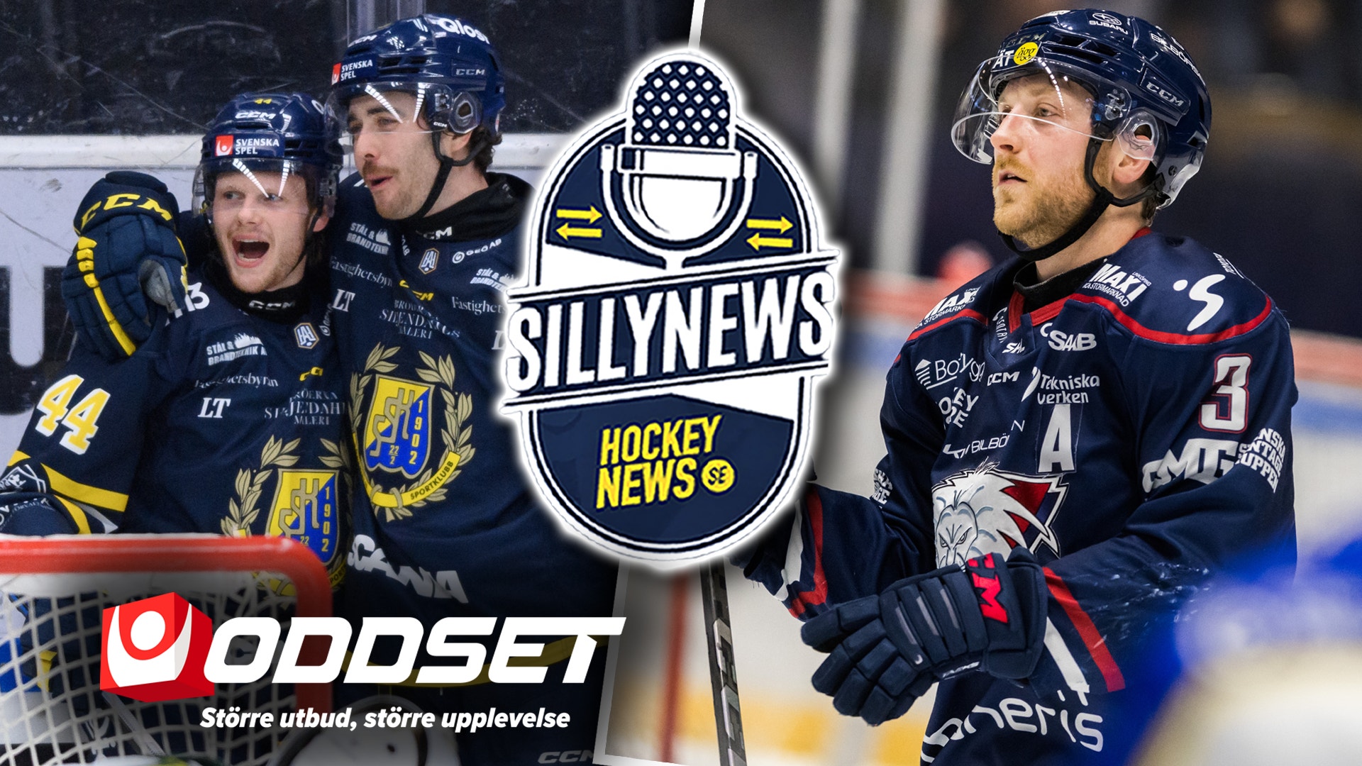 Collage med hockeyspelare i matchtröjor, SillyNews Hockey News-logotyp och Oddset-logotyp.