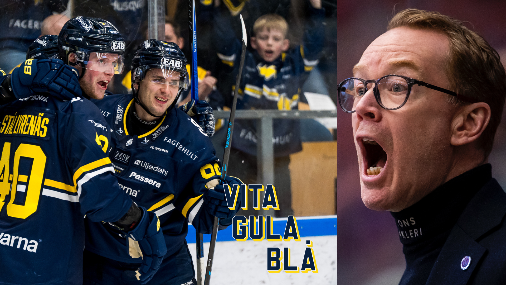 Kollage från ishockeymatch med spelare i blå och gula tröjor som firar tillsammans, och en man med glasögon som visar en intensiv reaktion.