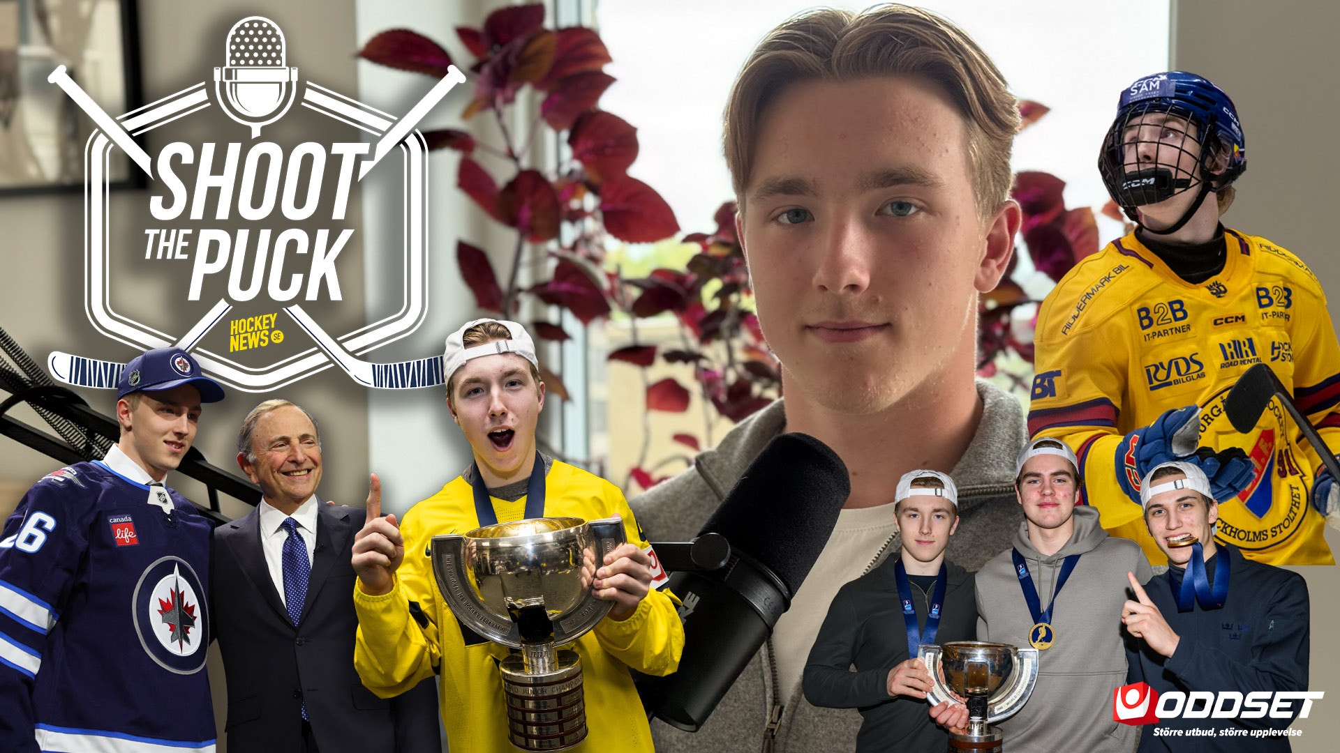 Kollage med bilder av en ung ishockeyspelare i olika miljöer, bland annat i NHL-tröja, med pokaler och i matchutrustning, tillsammans med podcast-logotypen Shoot the Puck.