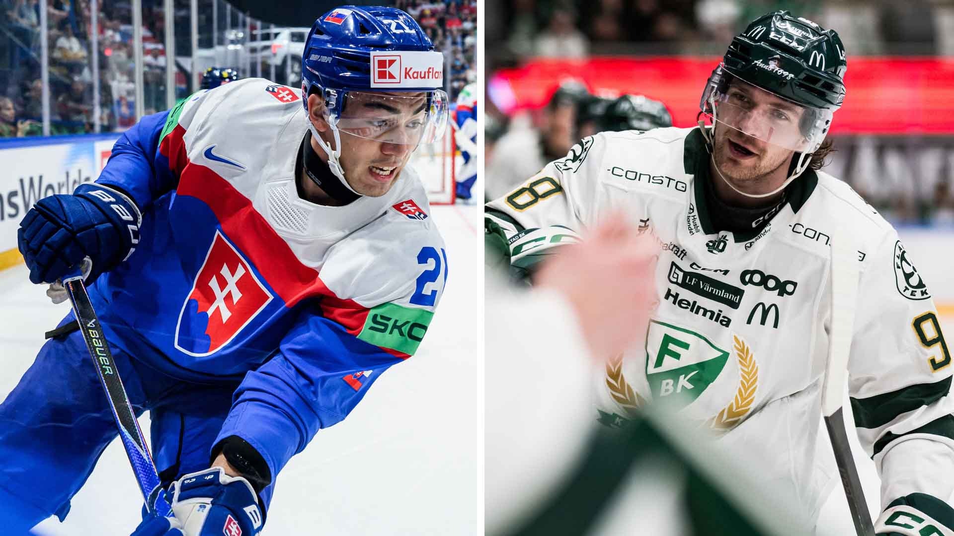 Två ishockeyspelare under match. Spelaren till vänster bär en blå och vit schweizisk landslagströja och spelaren till höger bär en vit och grön norsk landslagströja.