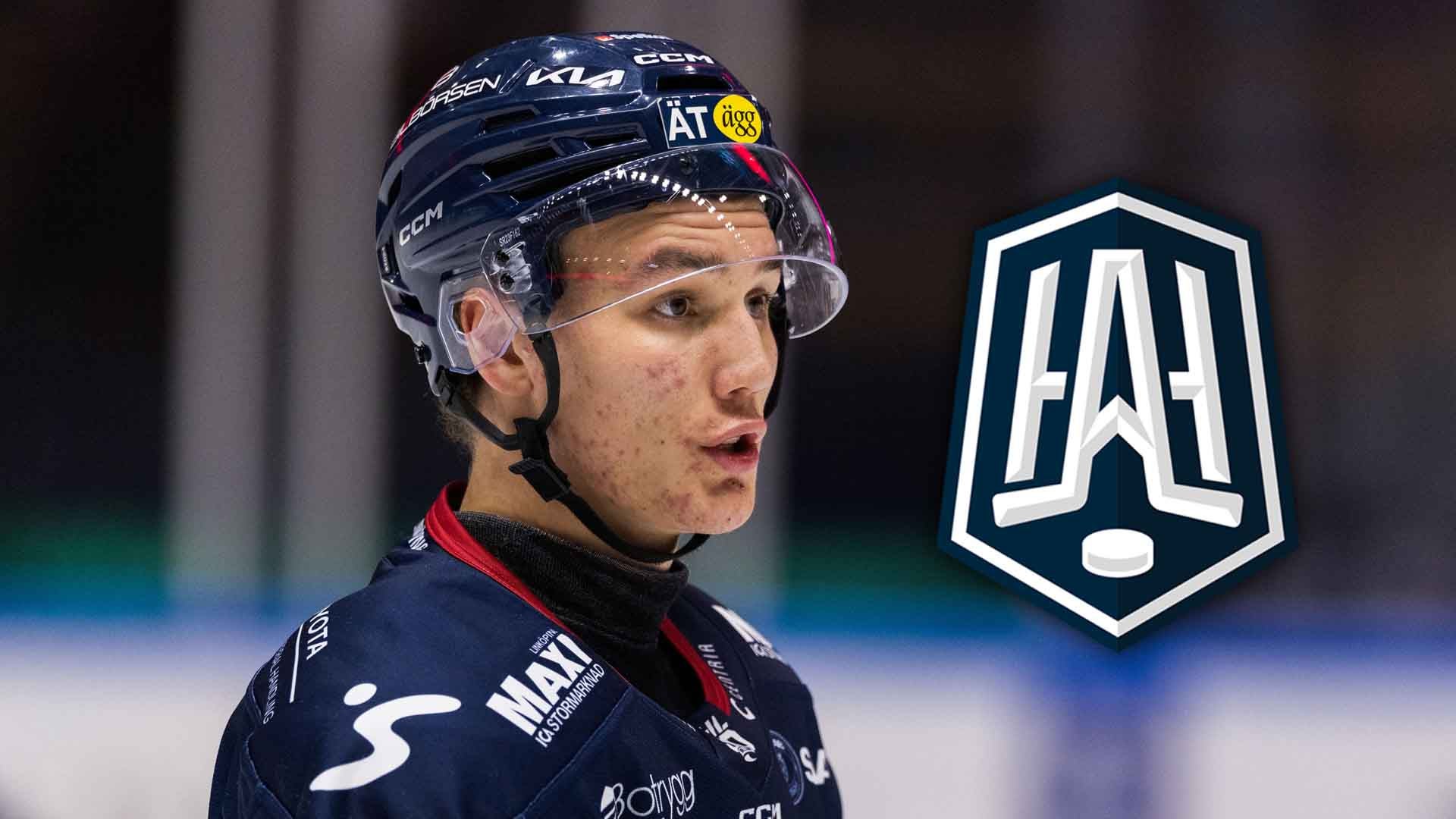 Ishockeyspelare i mörkblå uniform och hjälm under en match.