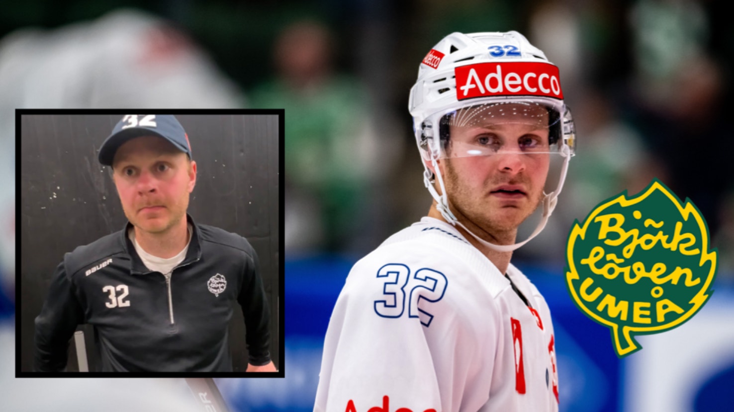 Kollage av en ishockeyspelare med nummer 32 visad i två bilder - en porträttbild i svart jacka och en större bild i vit ishockeyuniform med Adecco-sponsring.
