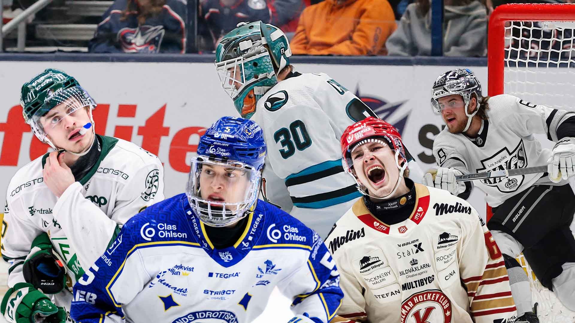 Intensiv hockeymatch med flera spelare i olika färgade trikåer som kämpar om pucken på isen.