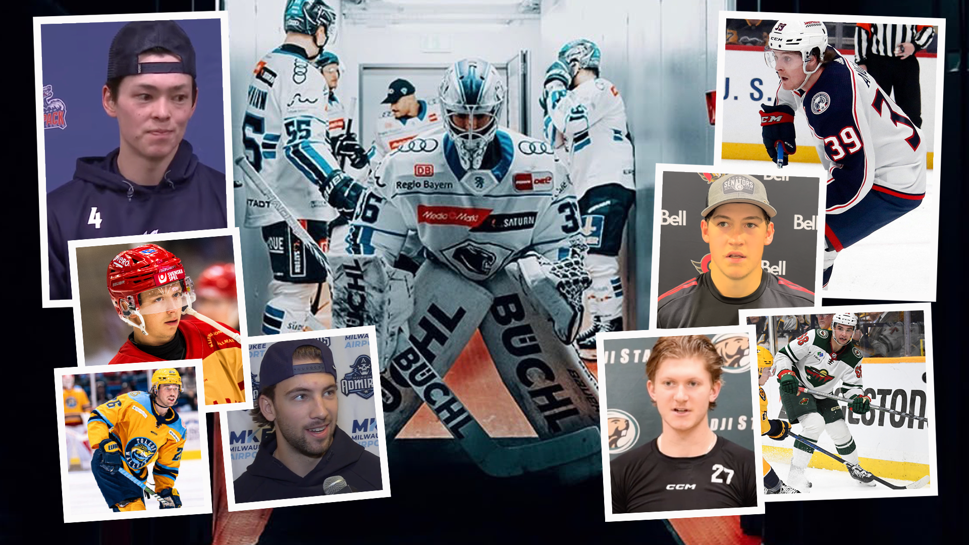 Collage med ishockeyspelare och utrustning. Bilden visar flera porträttfoton av spelare i olika trikåer, en ishockeymålvakt i full utrustning, och ishockeystavar. Montagen innehåller även ett laglogotyp.