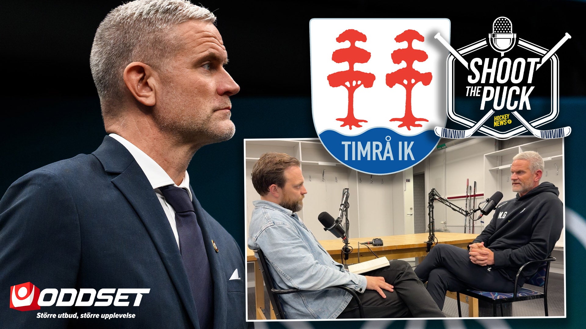 Mikael Gath från Timrå IK i en intervjusituation för Shoot The Puck podcast. Bilden visar Gath i profil till vänster i kostym, och till höger en intervjuscen där två personer sitter och diskuterar med mikrofoner. Timrå IK:s logga med röda träd och Shoot The Puck-logon är synliga i bilden.