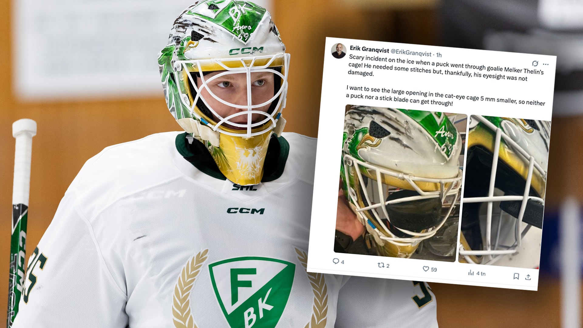 Ishockeymålvakt i vit träningsdräkt med grönt målvaktsutrustning och grönvit hjälm. Inbäddad tweet från Erik Granqvist om målvaktens utrustning visas i övre högra hörnet.