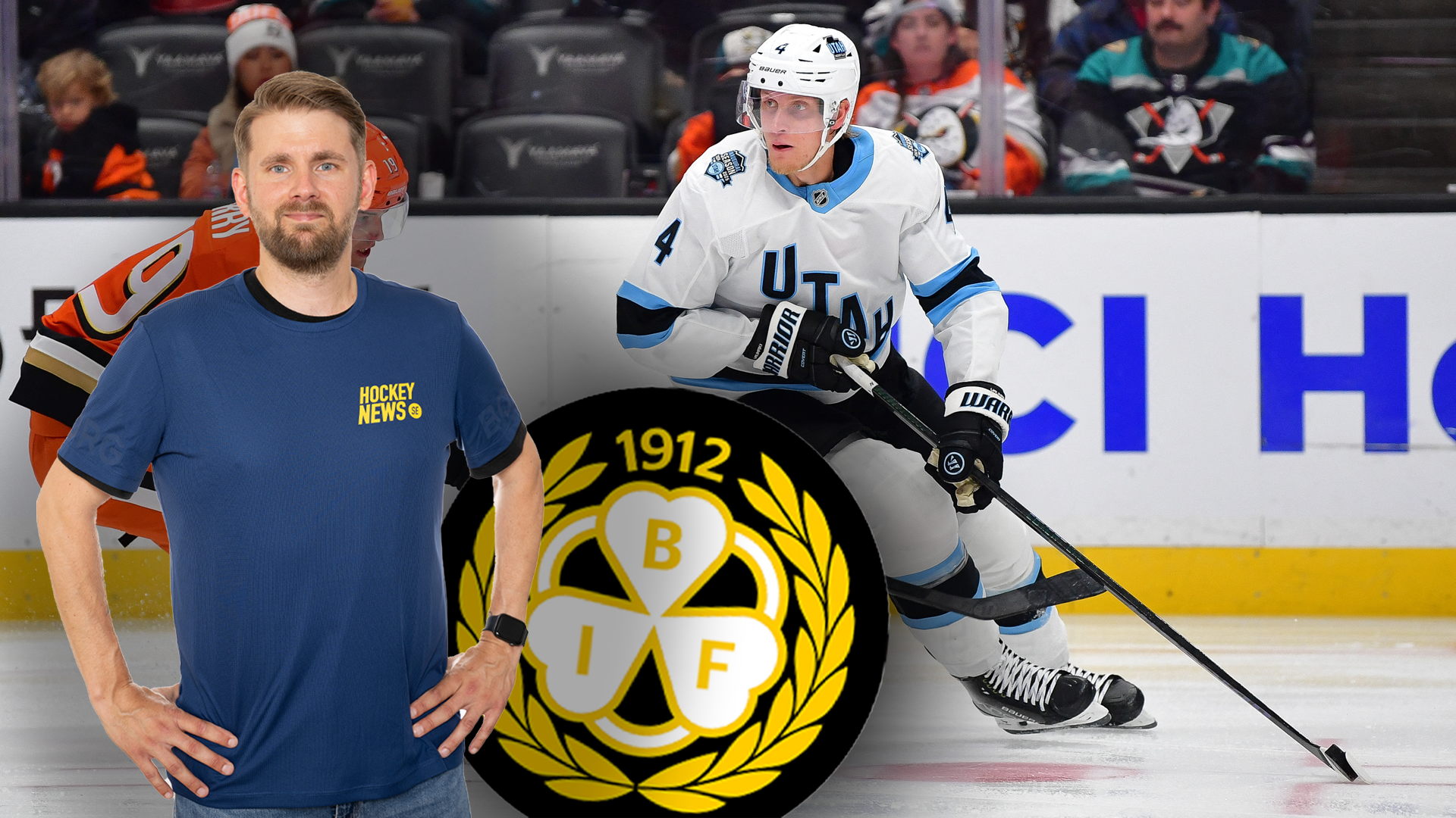 En man i Hockey News-tröja står bredvid Boston Bruins-logga och en ishockeyspelare i match-uniform på isen.