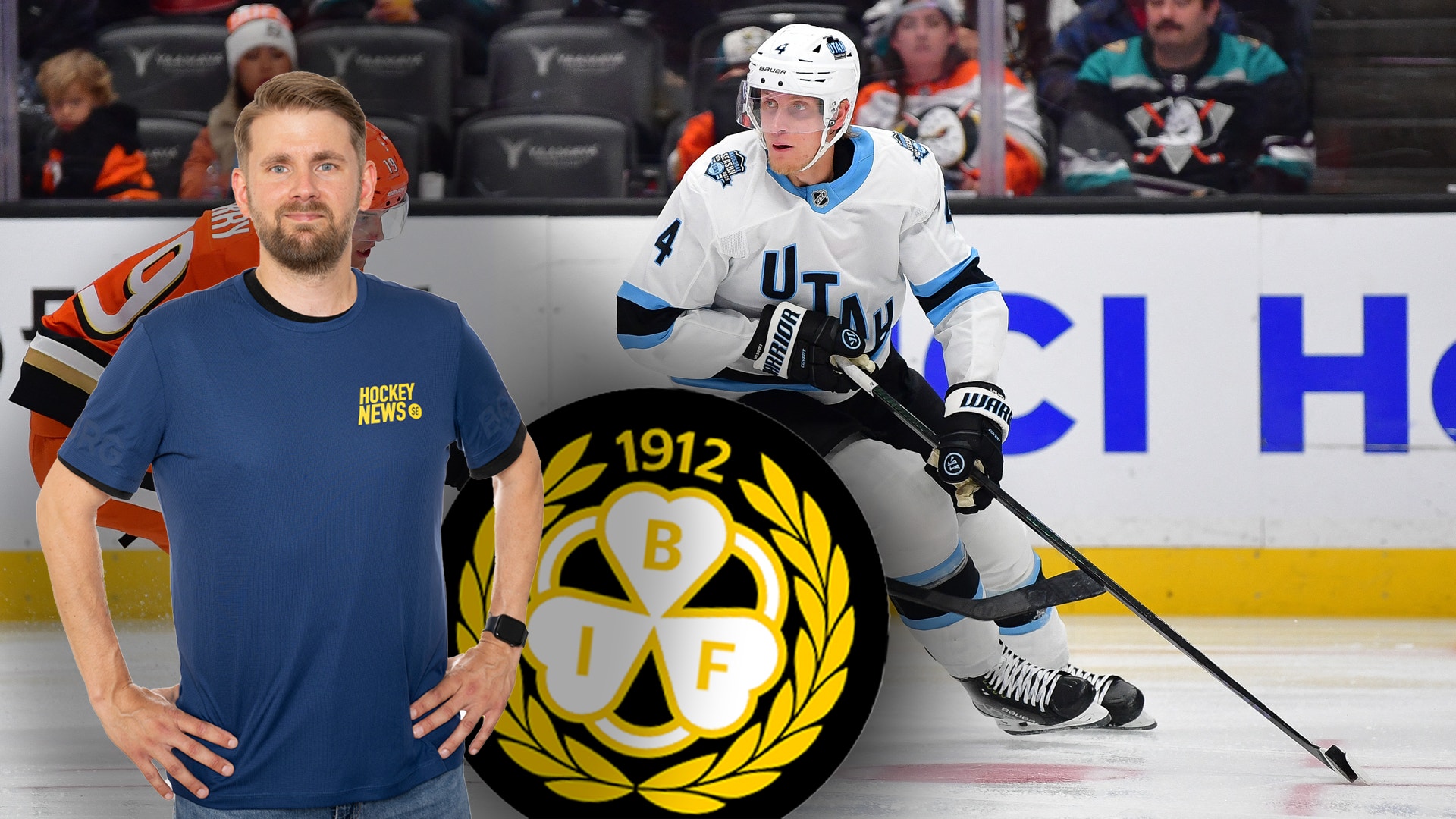 En man i Hockey News-tröja står bredvid Boston Bruins-logga och en ishockeyspelare i match-uniform på isen.