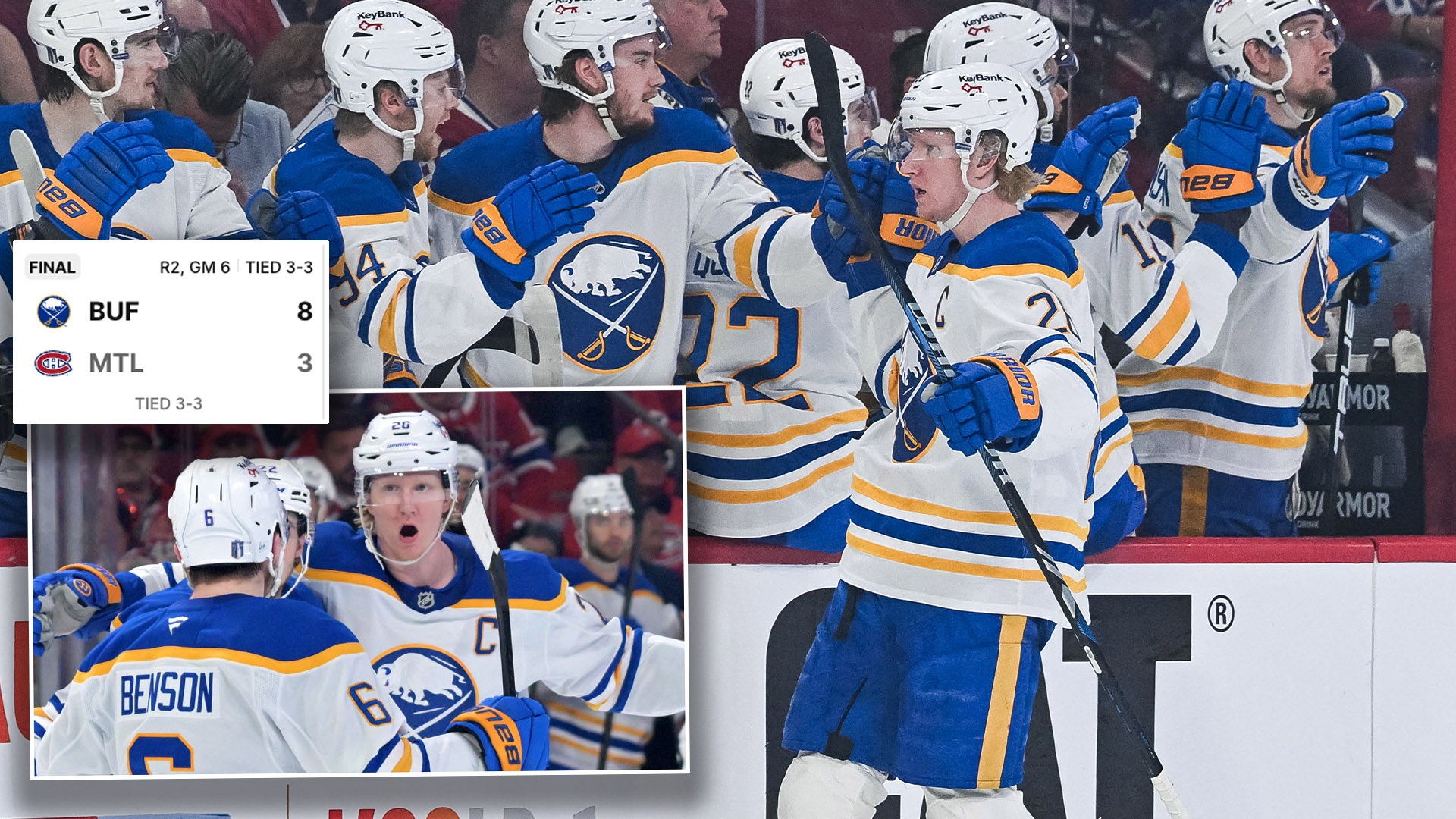 Collage från ishockeymatch med spelare från Buffalo Sabres i blå och gula trikåer. Bilderna visar spelare i aktion på isen under matchen, med en scoreboard som visar slutresultatet 3-3 mellan Buffalo och Montreal.