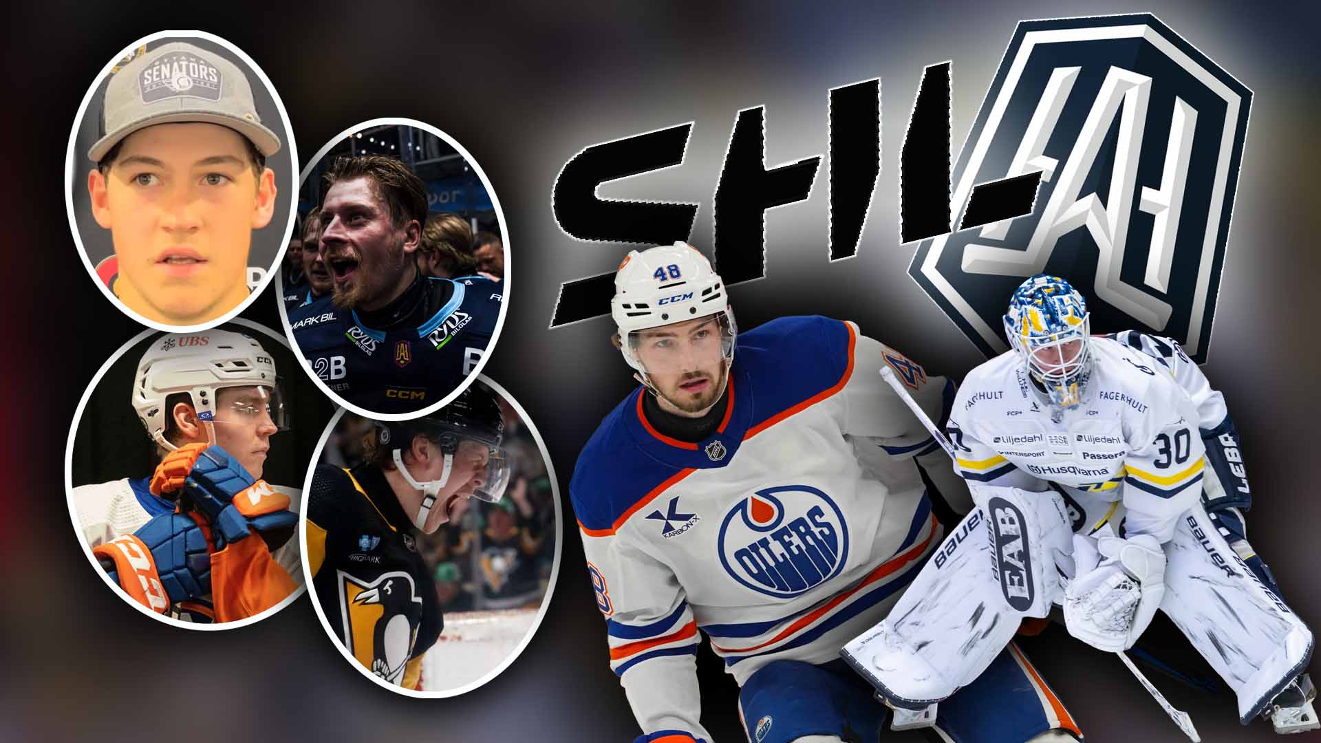 Collage av ishockeyspelare från Edmonton Oilers med porträttfoton och aktionsbilder från matcher. Spelare i vita och blåa trikåer visas mot mörk bakgrund med Oilers-logotyp.