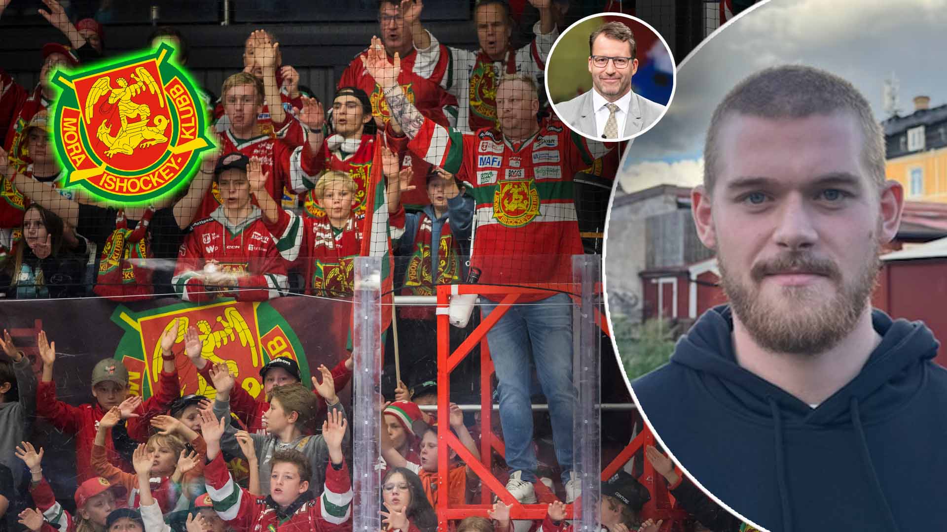Kollage med fotbollssupportrar i röda dräkter på läktare tillsammans med två porträttfoton av män.