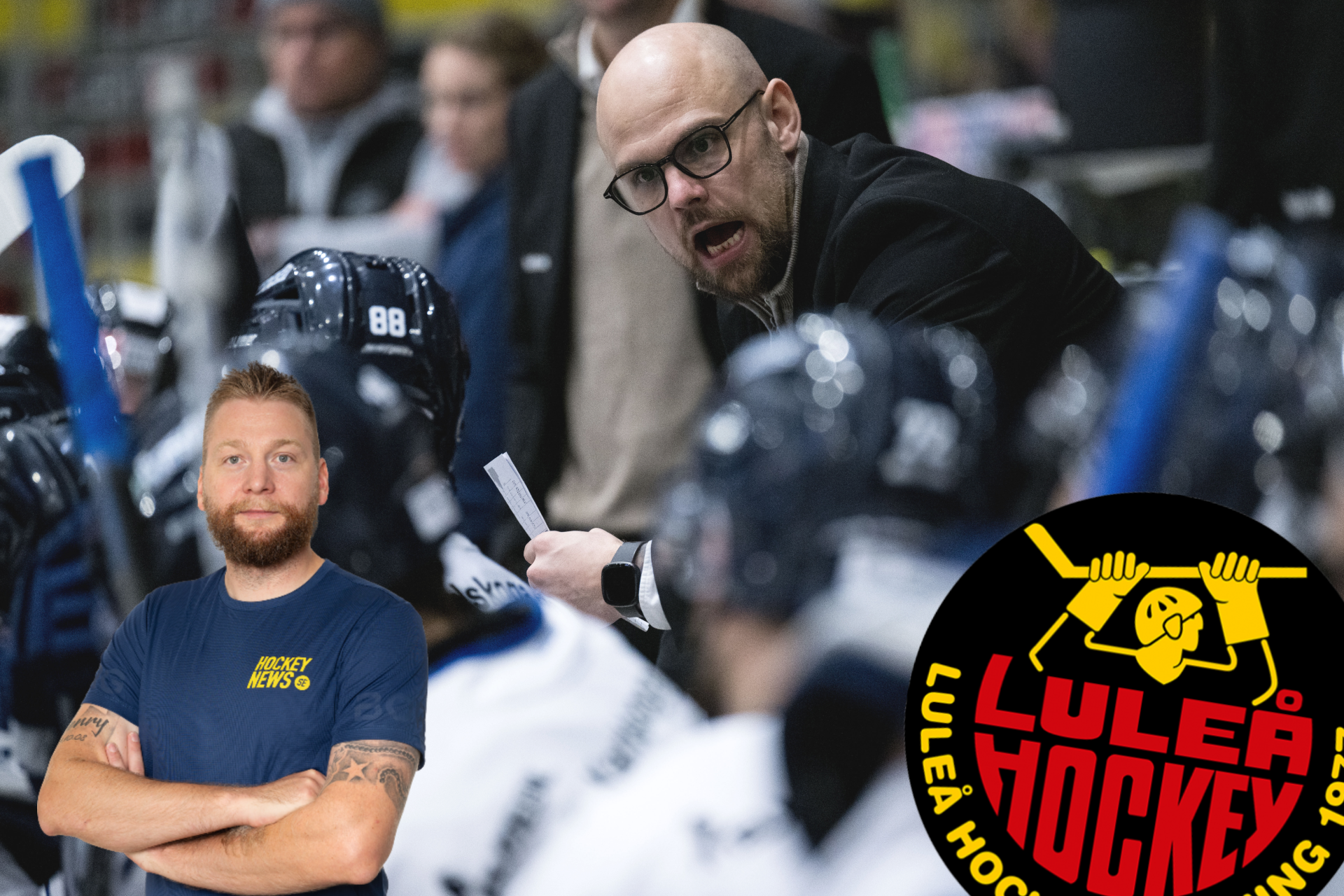 En hockeytränare instruerar sitt lag under en match. Bilden visar även ett porträtt av en man och Luleå Hockeys logotyp.