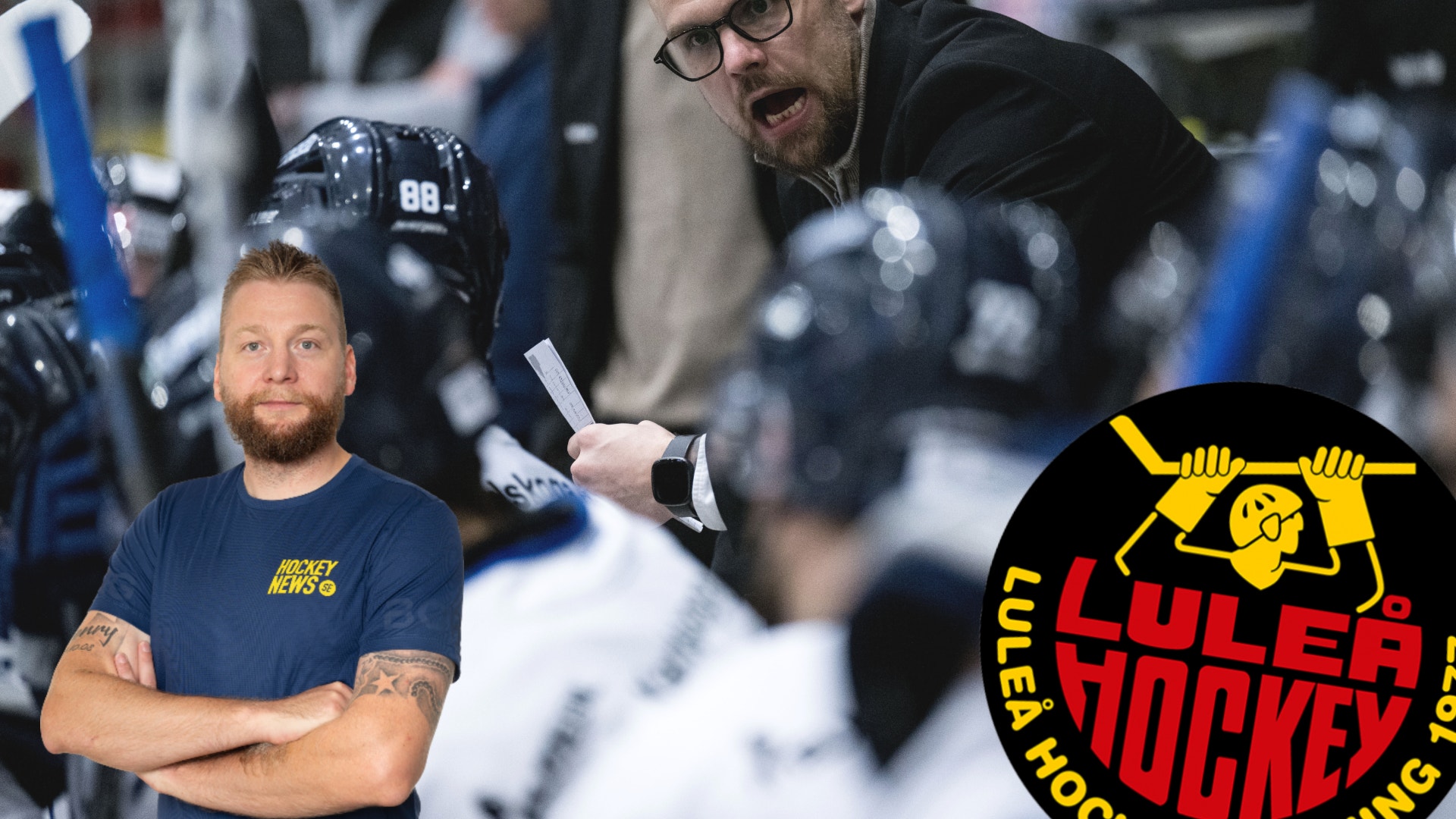 En hockeytränare instruerar sitt lag under en match. Bilden visar även ett porträtt av en man och Luleå Hockeys logotyp.