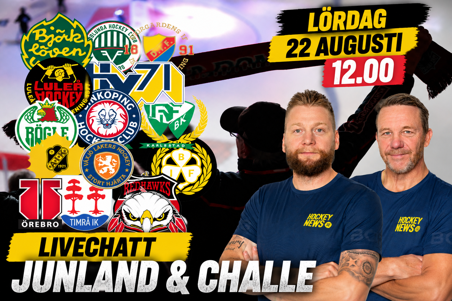 Två män i blå Hockey News-tröjor framför en samling svenska hockeyklubbars logotyper. Texten visar 'Livechatt Junland & Challe'.