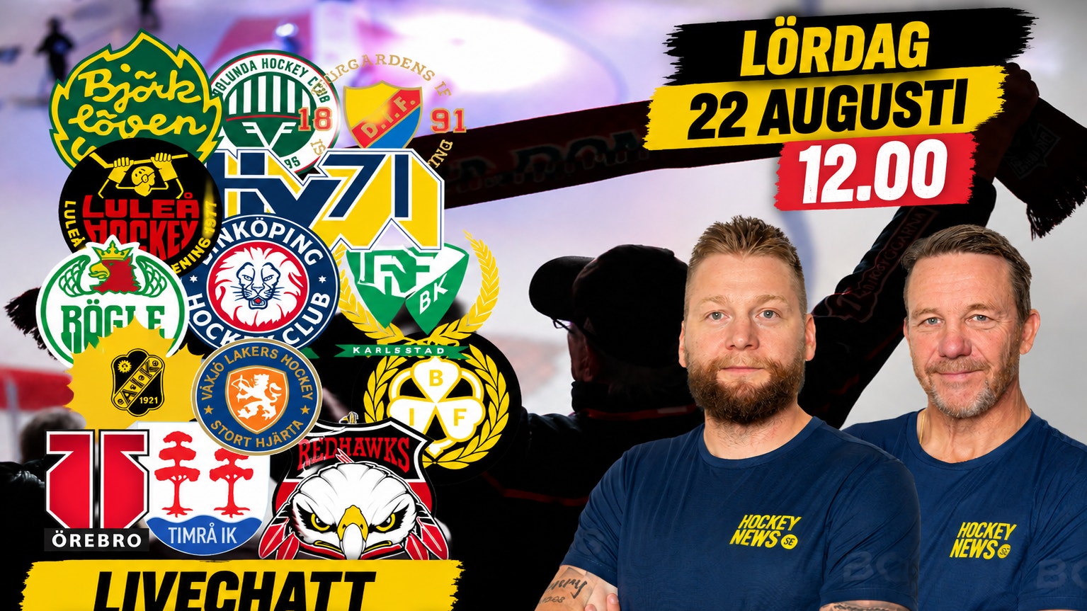 Två män i blå Hockey News-tröjor framför en samling svenska hockeyklubbars logotyper. Texten visar 'Livechatt Junland & Challe'.
