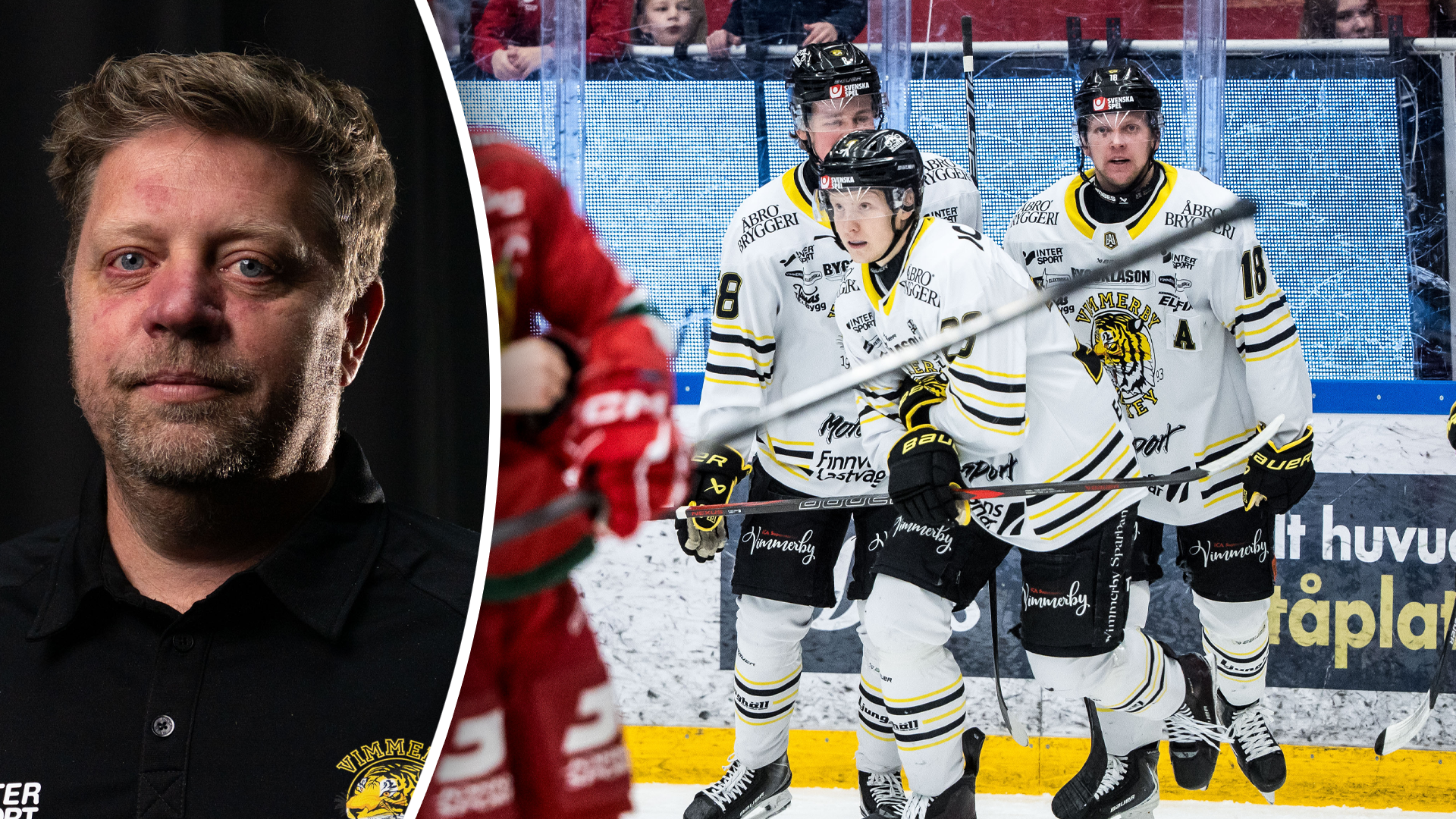 Sammansatt bild med en hockeycoach på vänster sida och tre hockeyspelare i vita och gula trikåer på höger sida under en ishockeymatch.