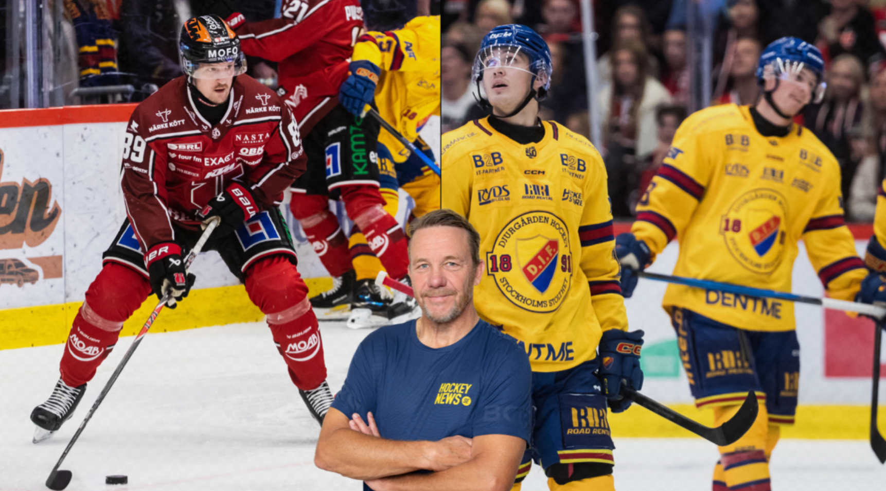 Kollage av ishockeyspelare. En spelare i röd tröja på vänster sida, två spelare i gula tröjor på höger sida, och en man i blå t-shirt poserar i mitten framför kameran.