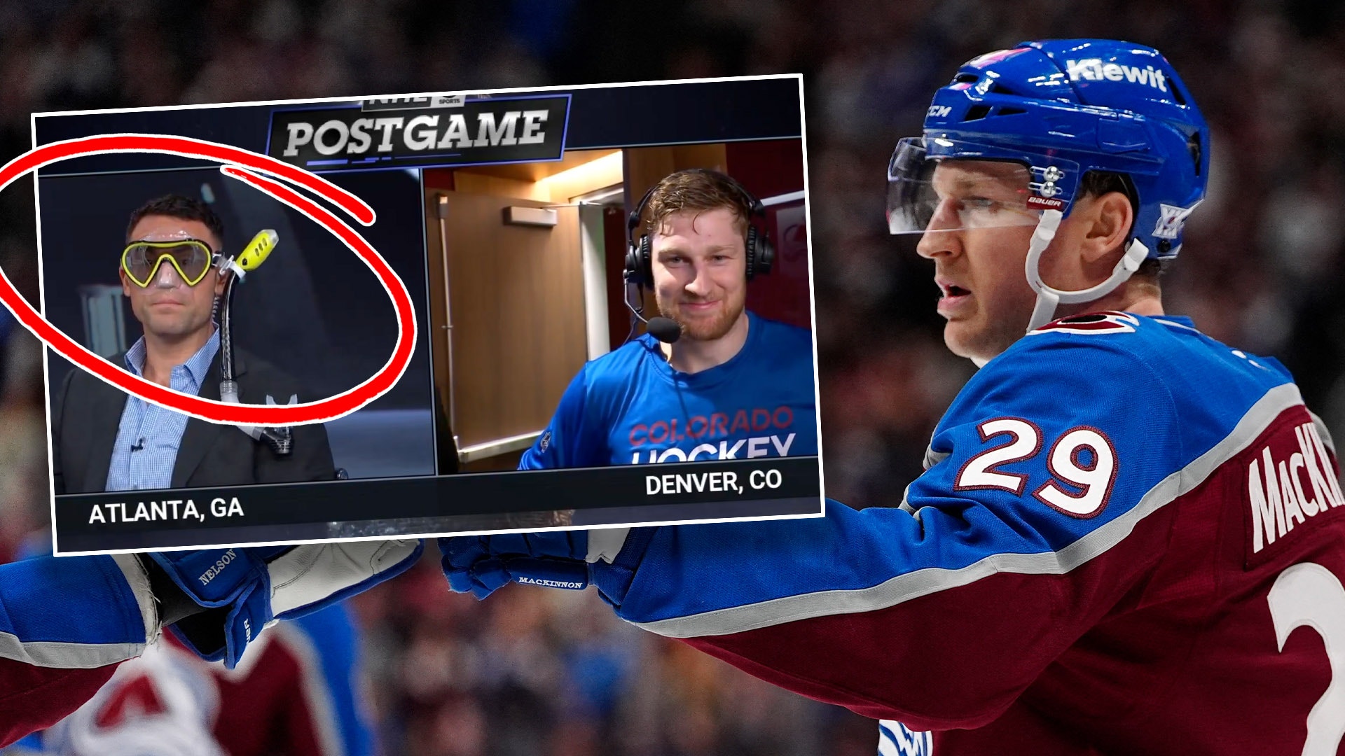 Ishockeyspelare i blå och vinröd tröja med nummer 29 under match. Grafiskt element visar två inzoomade porträtt av personer från Atlanta, GA och Denver, CO.